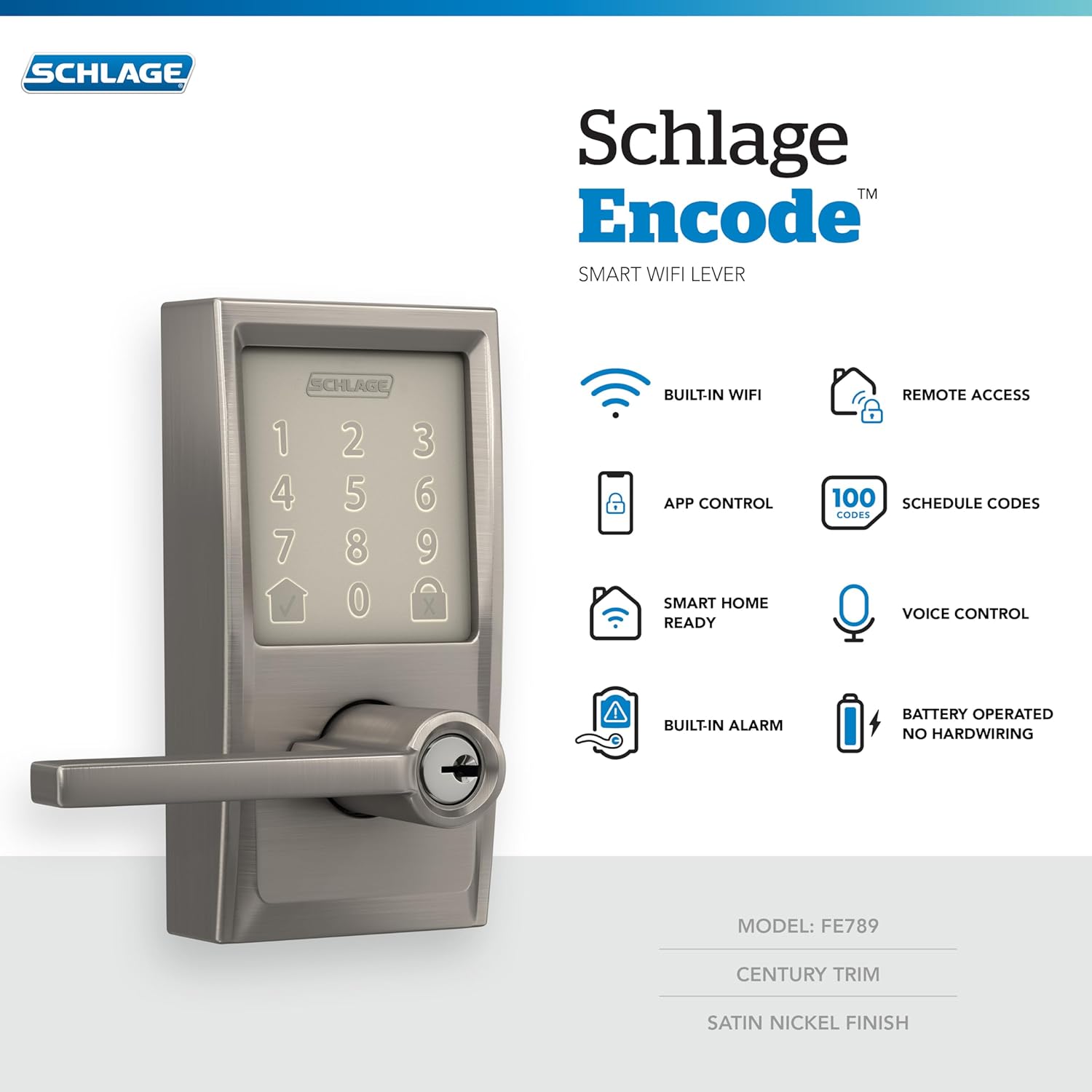 Schlage FE789WBCEN619LAT Encode Century WiFi Latitude Lever Smart Keyless Entry Touchscreen Door Lock, Satin Nickel (Pack of 4)