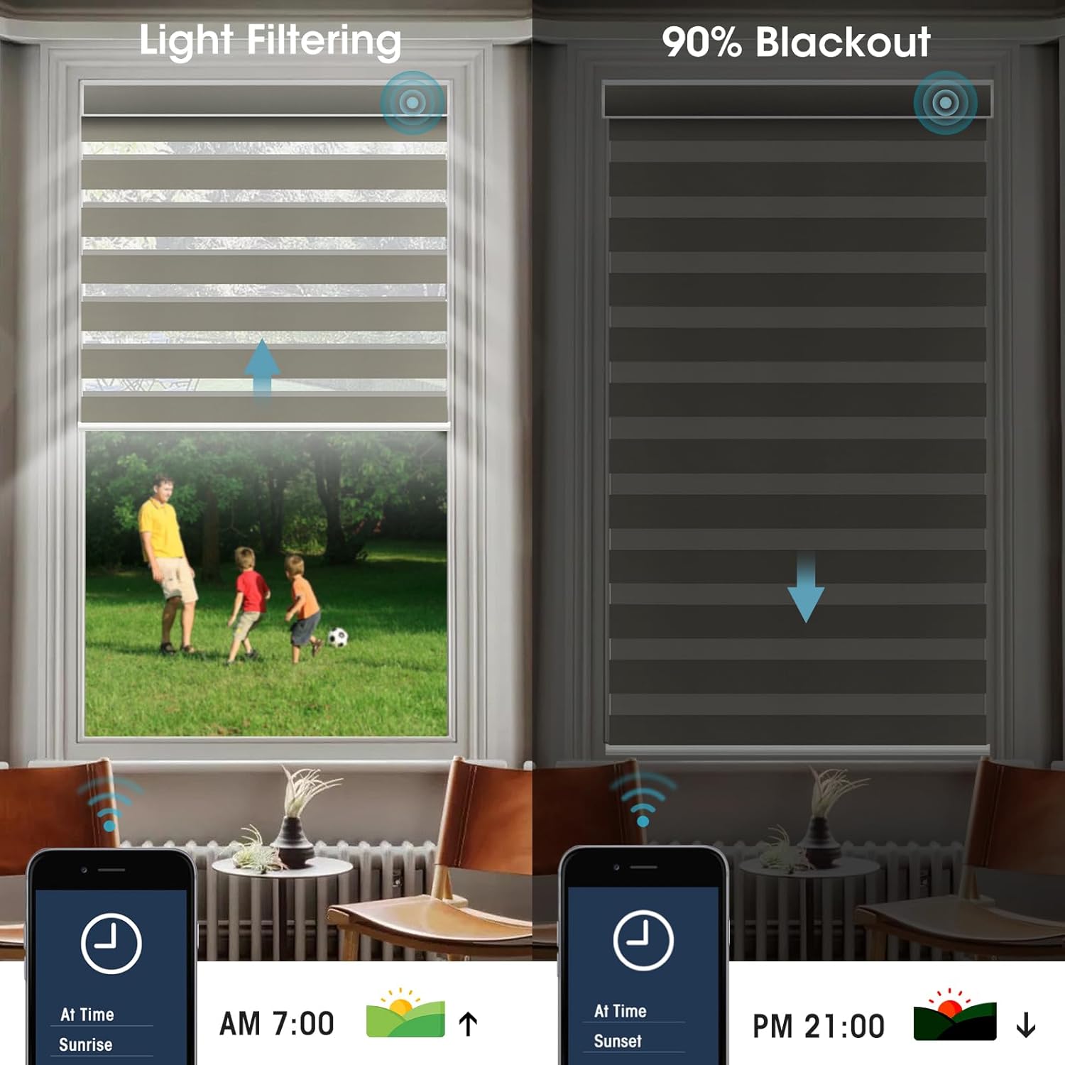 SmartWings Motorized Zebra Shades with Valance Work with Homekit Thread Alexa Z-Wave Smart Dual Layer Shades with Remote Control, Automatic Horizontal Window Blind, 90% Blackout 95mm Astrid Coffee