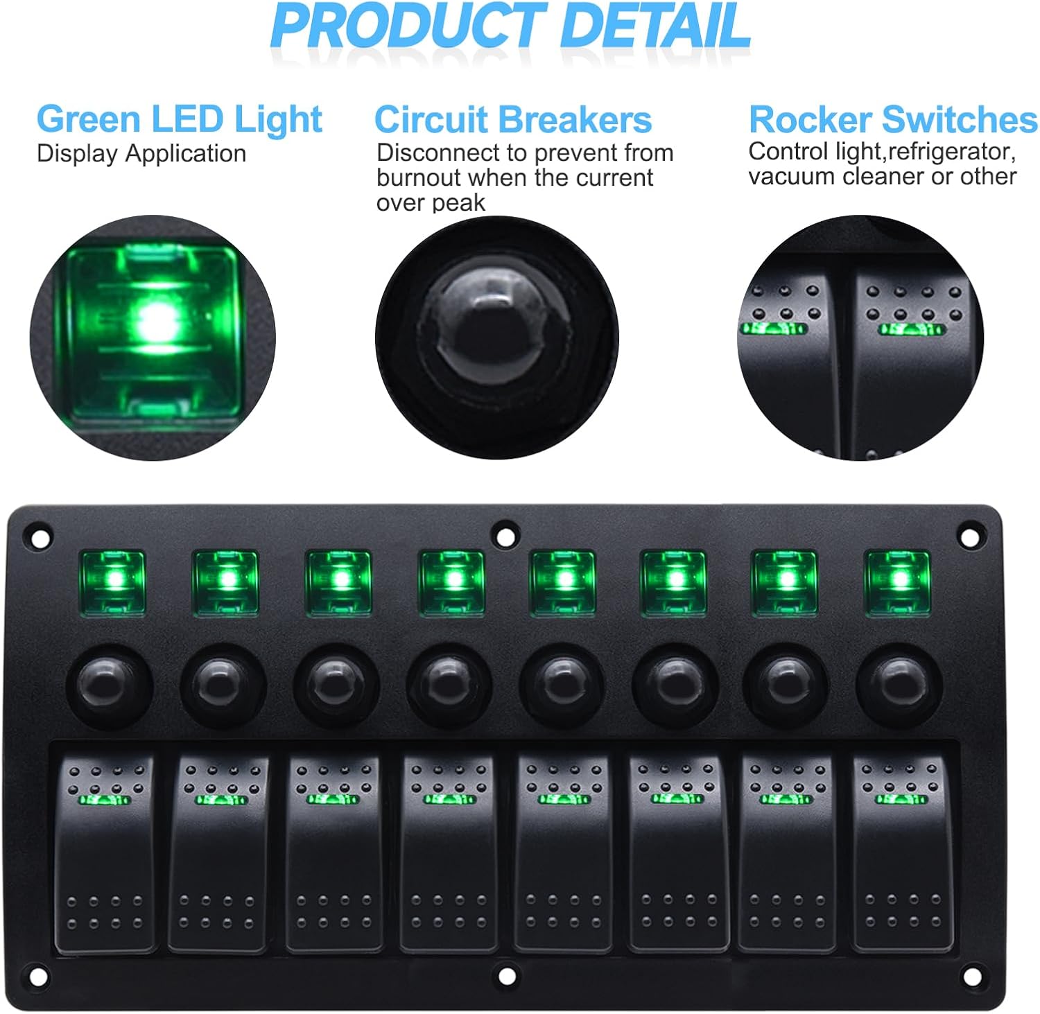 Geloo 8 Gang Marine Rocker Switch Panel, Boat Switch Panel Waterproof, Marine Switches Panel, 12V Aluminum Switch Panel for Car RV Truck Green LED Toggle Switches with Circuit Breaker (Green)