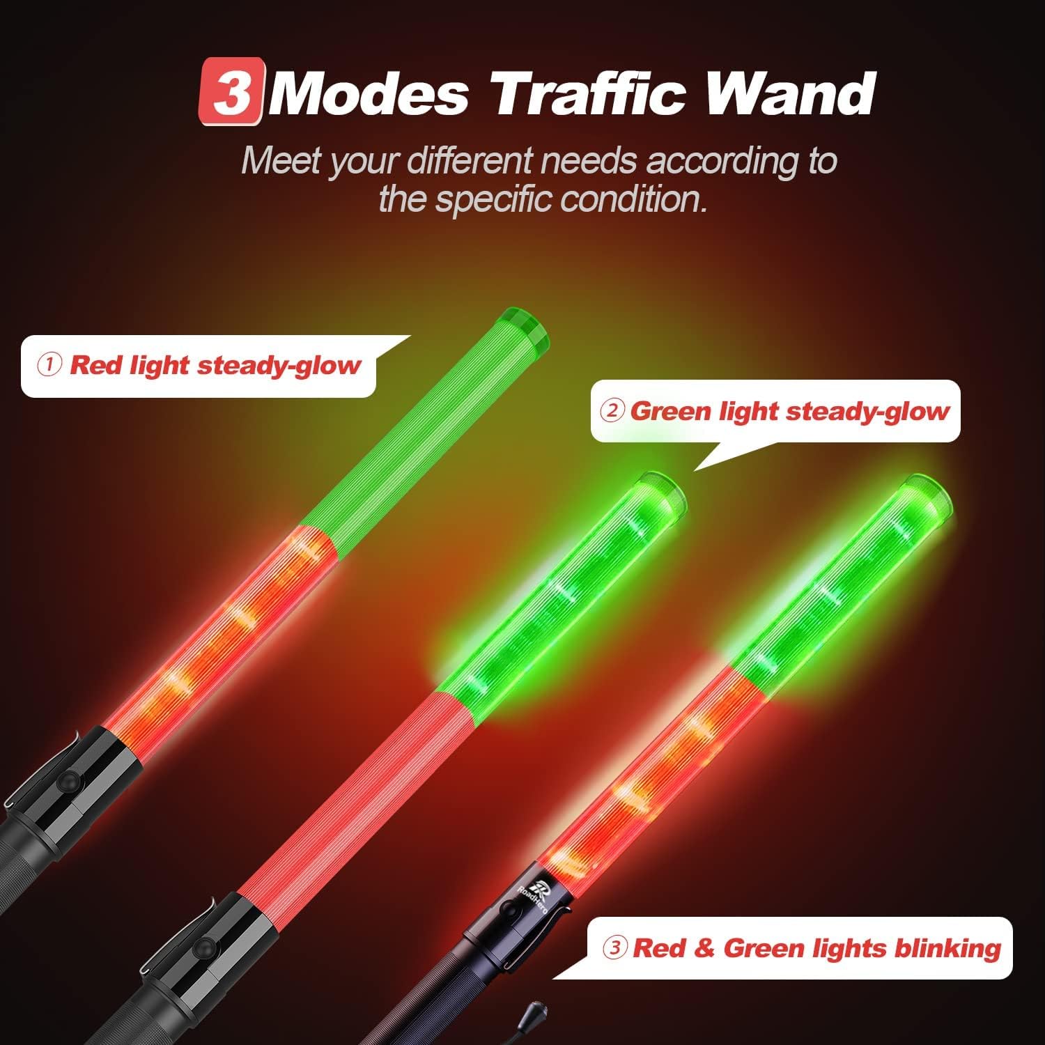 RoadHero 2 Pack 21 Inch Traffic Wands, Red and Green Led Traffic Control Baton, Safety Light Wand with 3 Flashing Modes, Air Marshaling Signal Wand with Side Clip for Airport, Parking, Car Directing