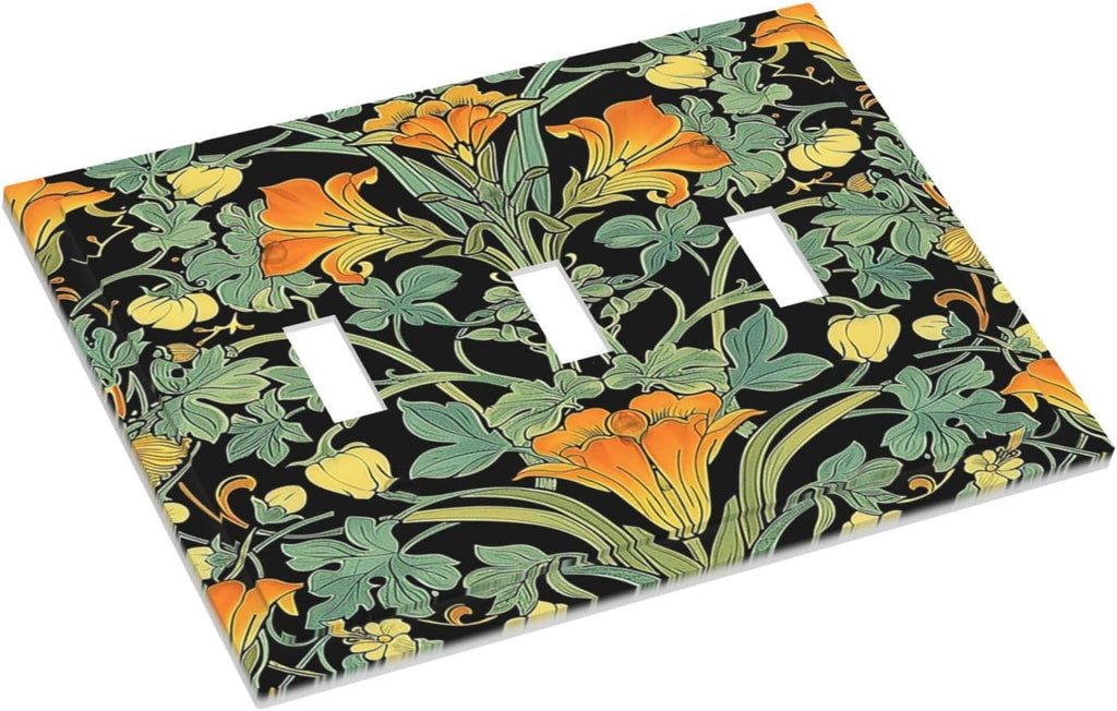 Decorative Switch Plates William Morris Vintage Floral Green Yellow 3 Gang Wall Plate Triple Toggle Light Switch Cover Faceplate Electrical Wall Panels for Bedroom Home Decor
