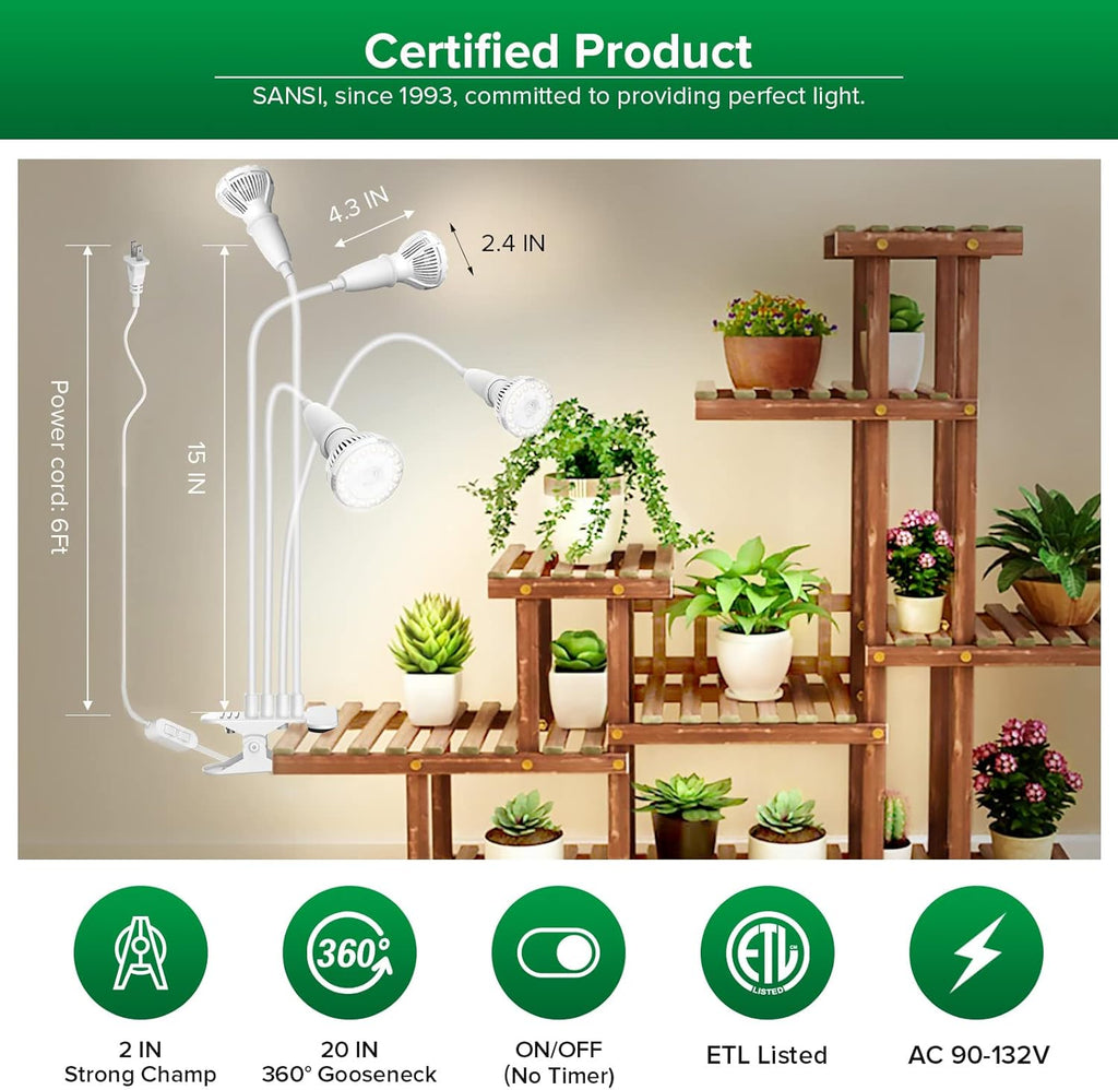 SANSI LED Grow Lights for Indoor Plants, 600W Full Spectrum Clip-on Gooseneck Grow Light with Ceramic Tech.,40W Plant Light for Indoor Growing High PPFD, Lifetime Free Bulb Replacement White, No Timer