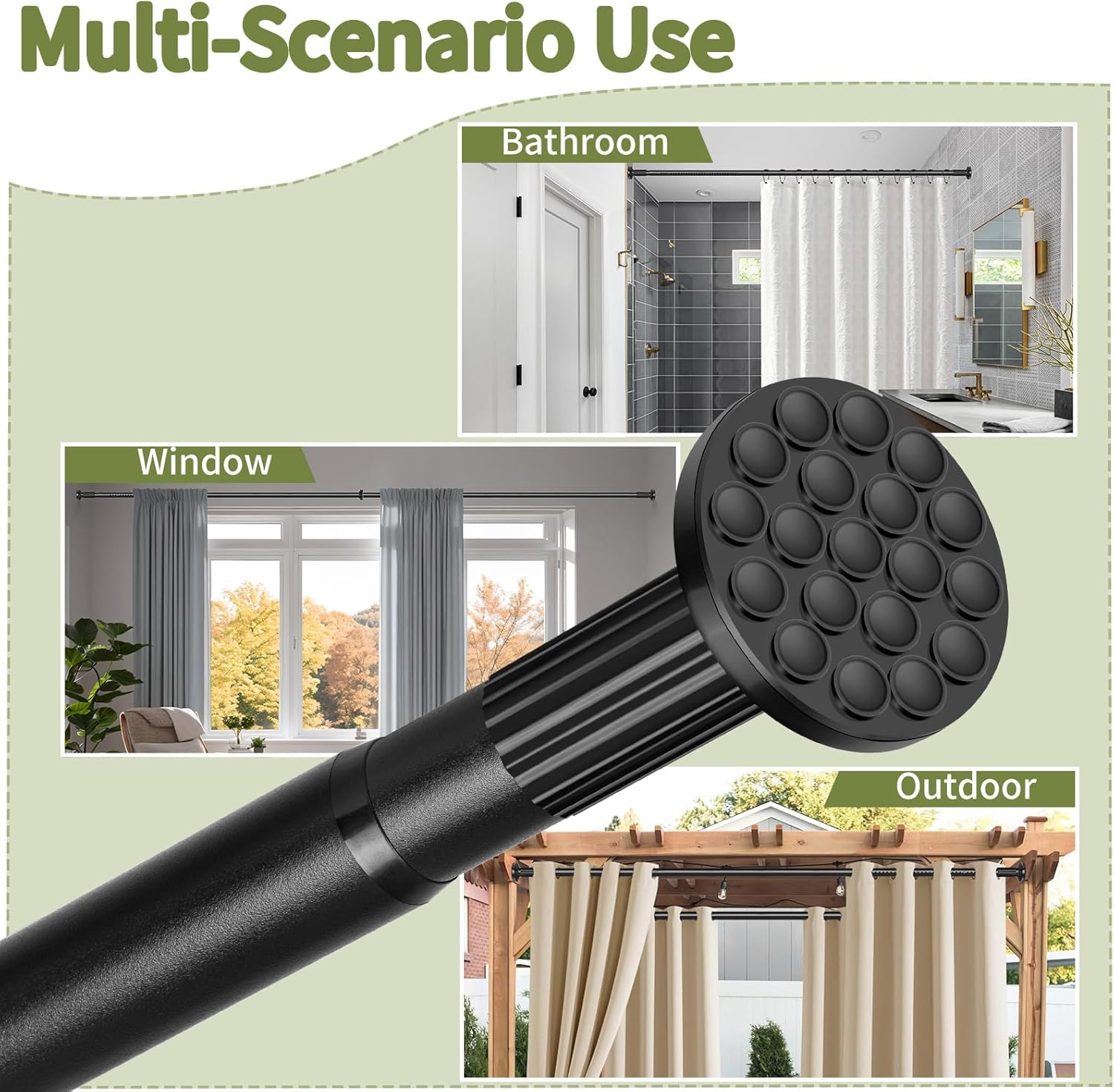 Tension Curtain Rod 51-145In(4.25-12.08Ft), Extra Long Curtain Rod No Drilling for Window or Bathroom Patio, Adjustable Spring Shower Curtain Rod, Easy to Install Never Rust Rod Diameter 1.26In-Black