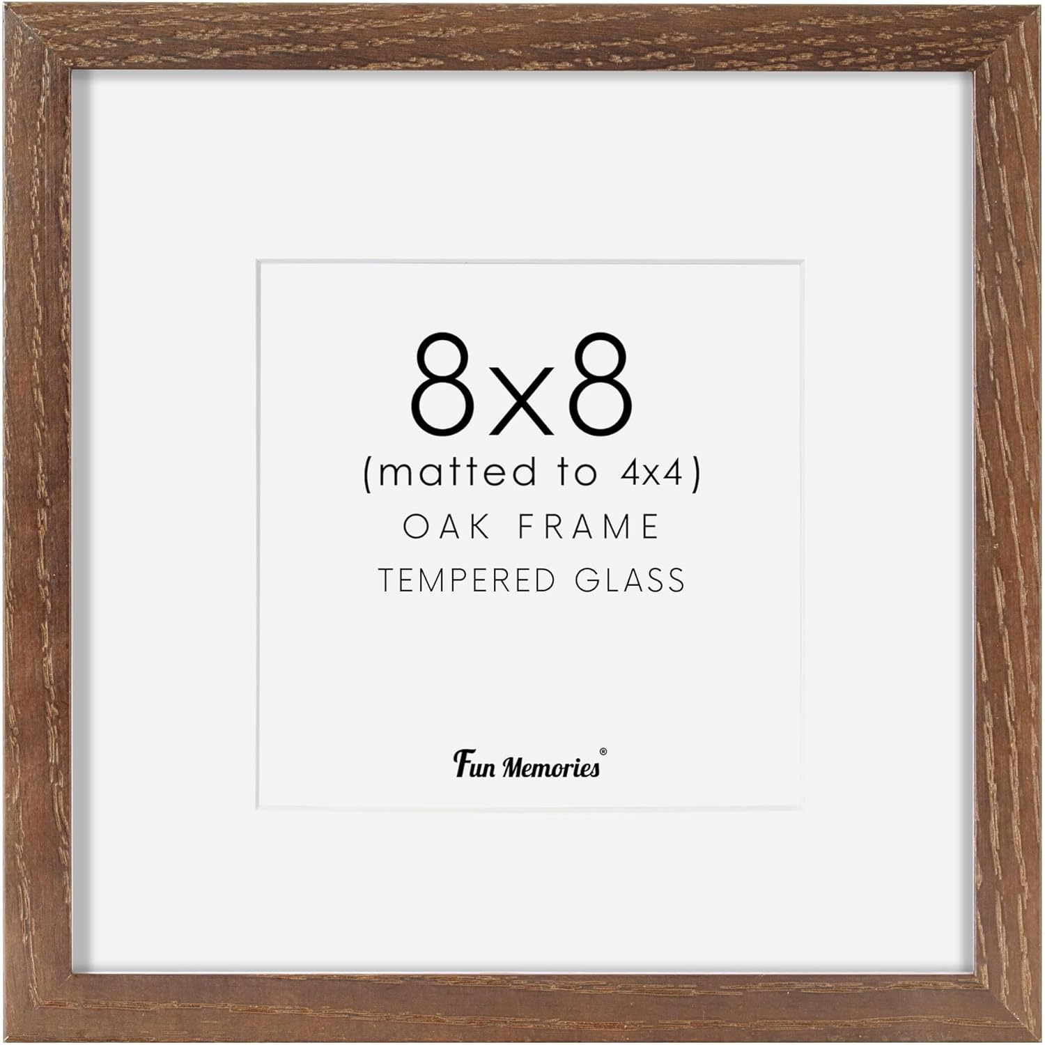 Fun Memories 8x8 Square Picture Frame, Solid Oak Wood 8"x8" Photo Frames - Real Tempered Glass, 8x8 Frame with Stand for Tabletop Display, 8 x 8 Wood Frame for Wall (Walnut Color, 1 Pack)
