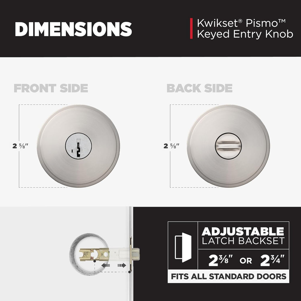 Kwikset Pismo Entry Door Knob with Lock and Key, Secure Keyed Handle Exterior, Front Entrance and Bedroom, Satin Nickel, 10 Pack, Pick Resistant SmartKey Rekey Security and Microban