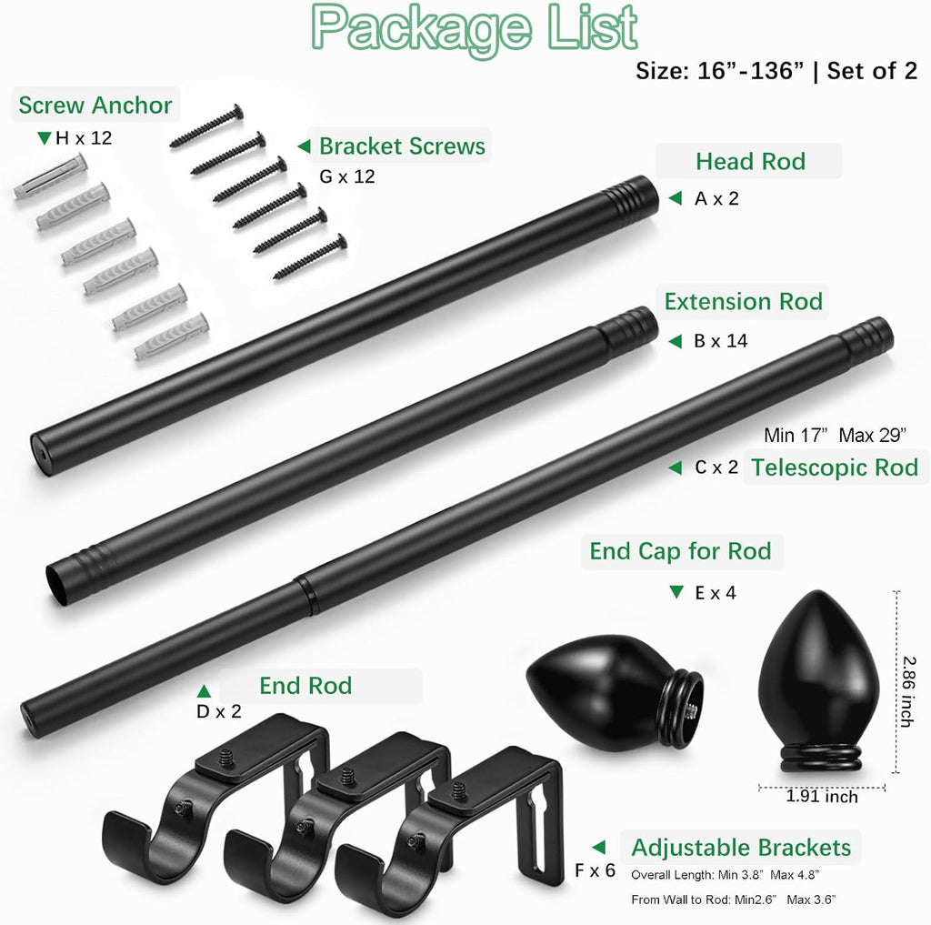 Curtain Rods for Windows 16 to 136 inches, Curtain Rod Max Adjustable Length to 146 in, Drapery Rod 1 inch Diameter with Modern Knobs Finials (Black, 16" to 136" - Set of 2)