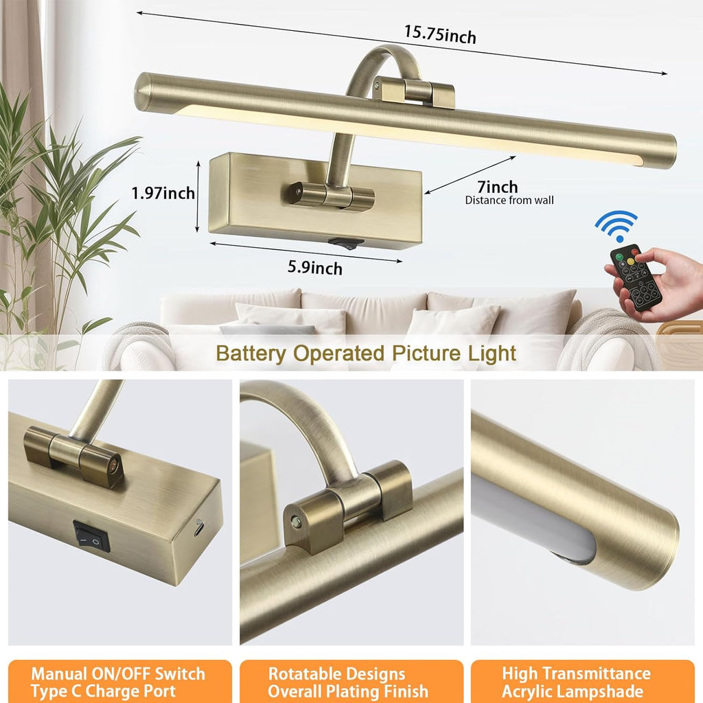 LED Picture Lights for Wall Rechargeable, Battery Operated Art Light for Paintings Wireless,15.7inch Antique Bronze Gallery Light for Artwork
