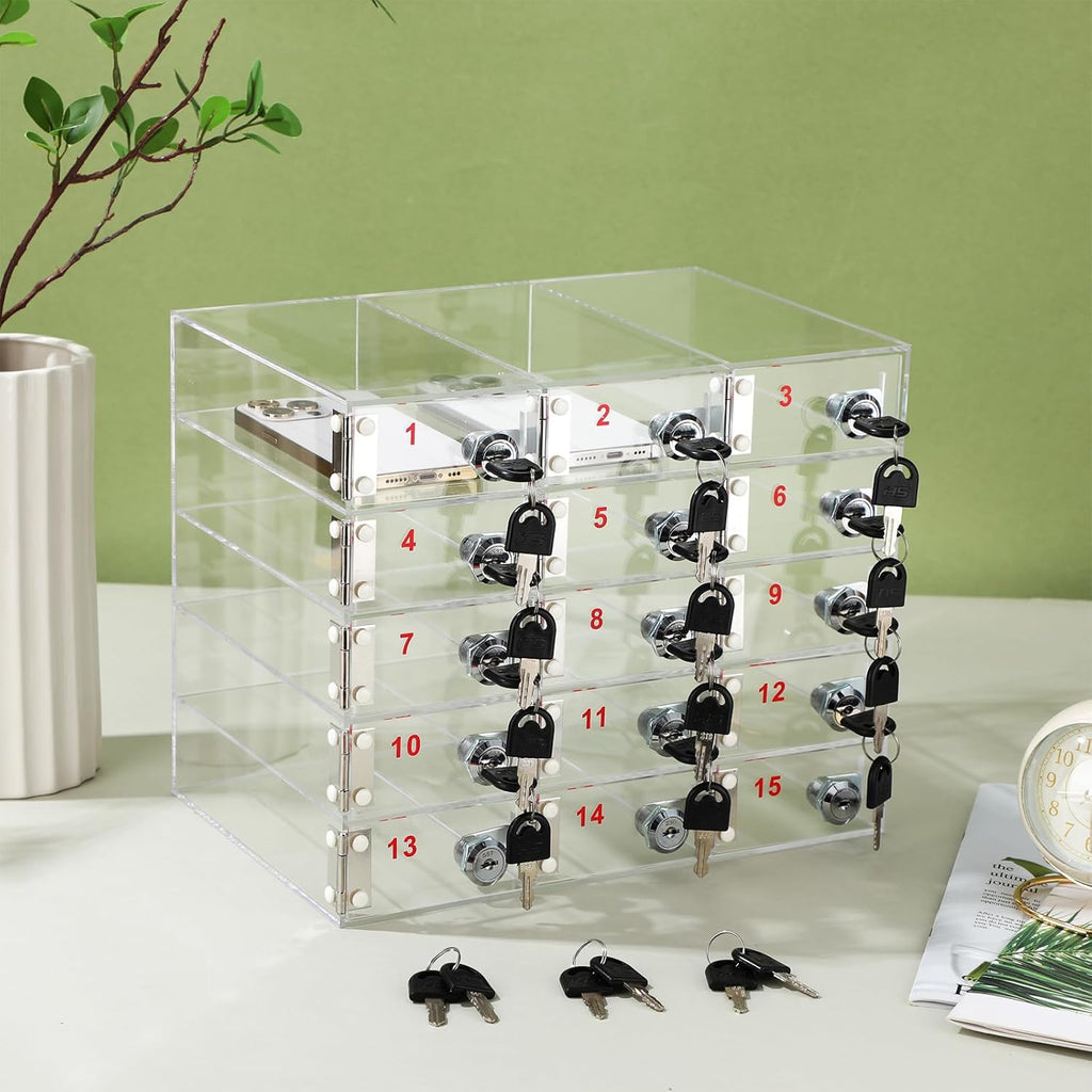 Layhit 15 Slots Cell Phone Locker Box for Classroom Clear Acrylic Cell Phone Storage Cabinet Bin with Door Locks for Classroom School Students Office Factory Employees