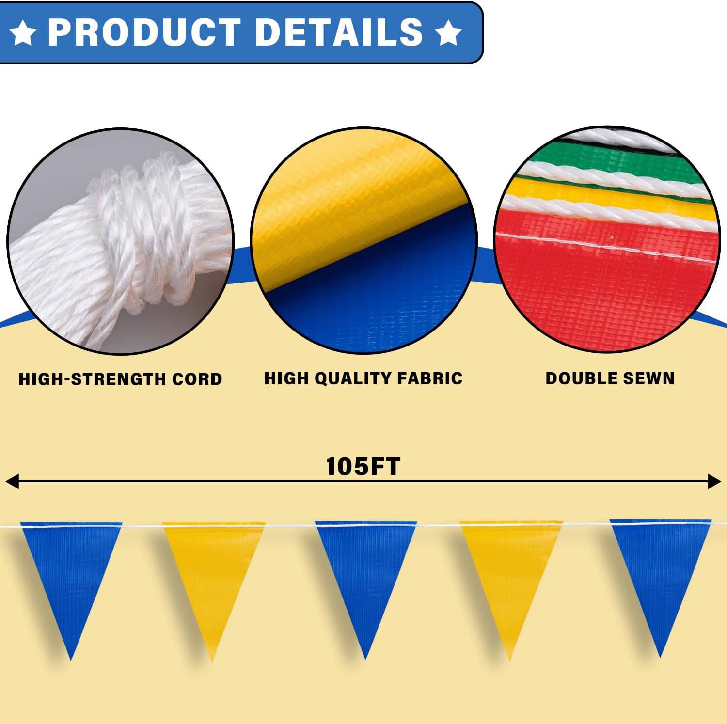 105ft Blue and Yellow Pennant Banner Flag, 7"x10" Fluorescent Safety Flagging Banner Warning Flag for Construction Site/Boundary Barrier Signs, Perimeter Marking Flags on String, 45 Flags