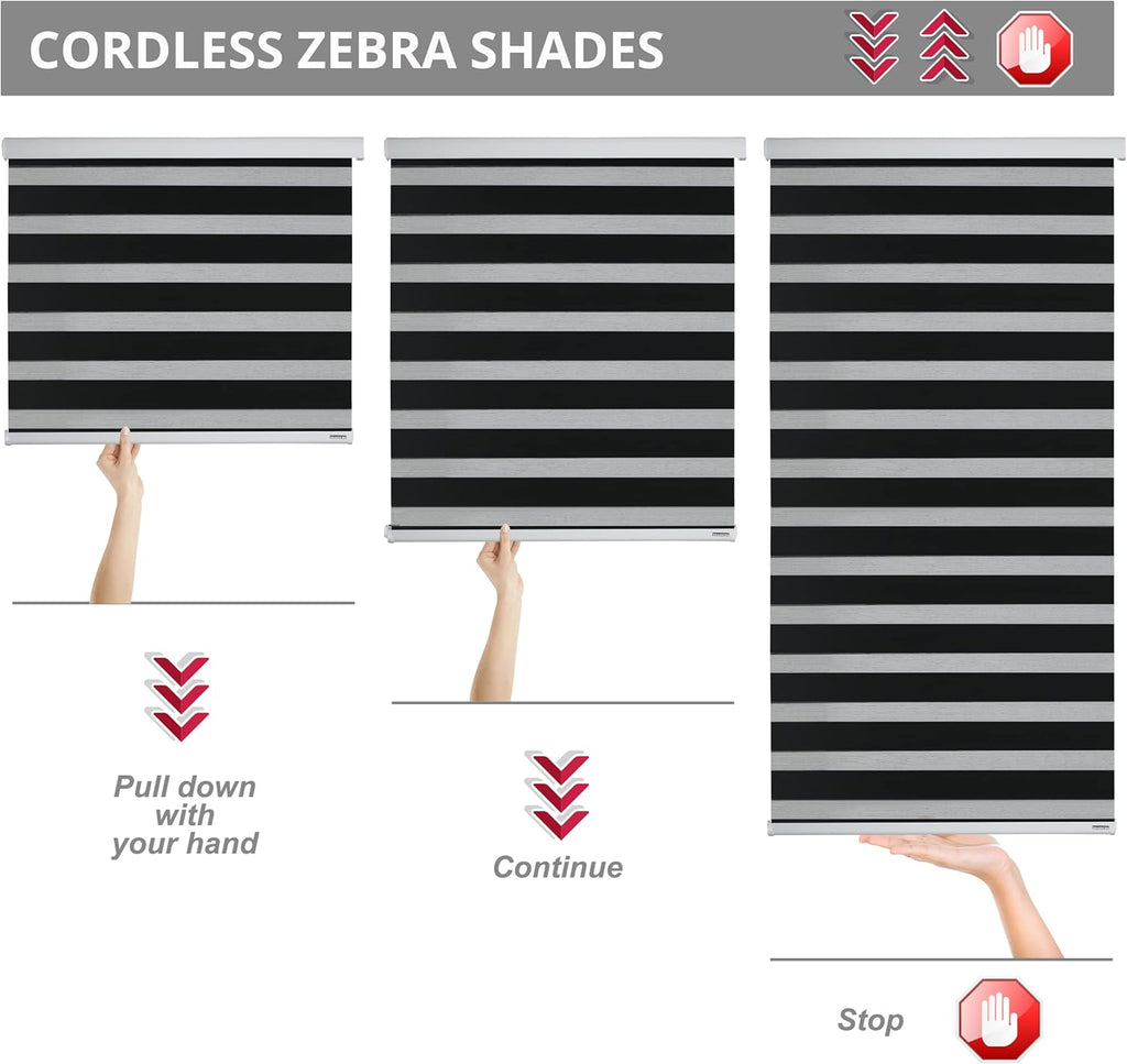 ShadesU Cordless Zebra Blinds – Light Filtering Dual-Layer Window Shades for Privacy (Black Color) (Maximum Height 72") (Width 40")