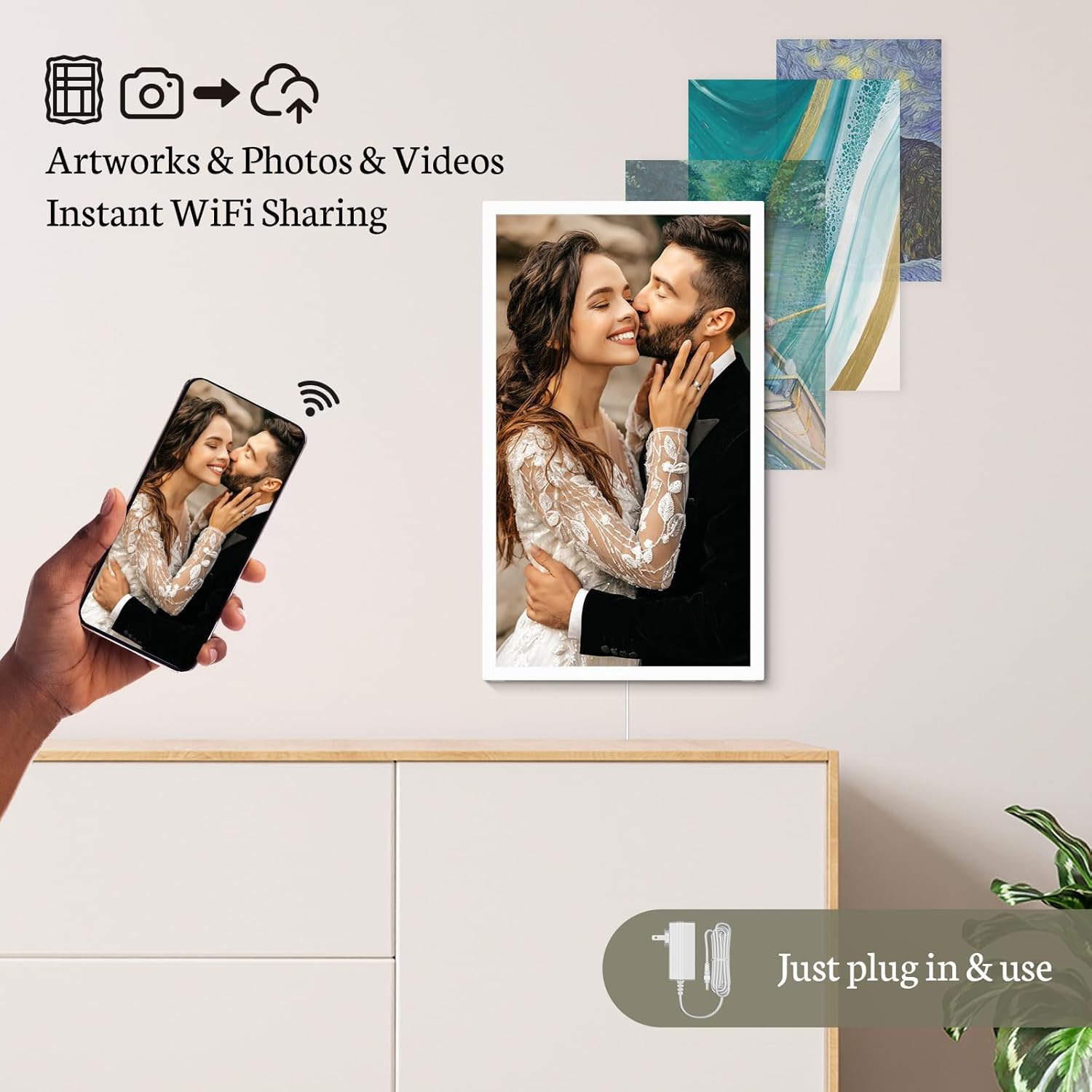 BSIMB Large Digital Picture Frame 21.5 Inch, 1920x1080 FHD WiFi Digital Photo Frame Electronic 32GB Remote Control, Share Pictures/Videos via App/USB/SD Easy Setup Gifts for Mom(Non-Touch), White