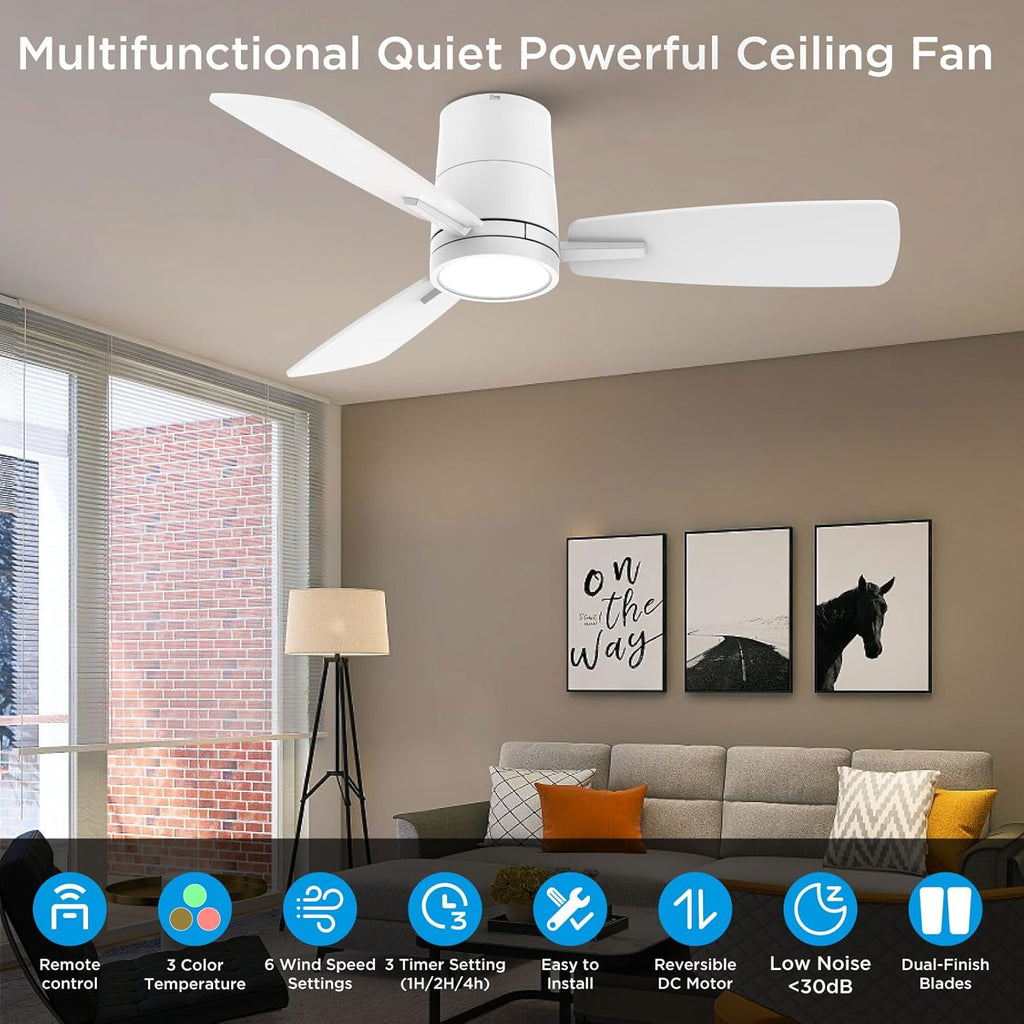 Ceiling Fans with Lights,42 inch,Quiet Reversible Motor,Easy to Install,6 Speeds,3CCT,Timer, White Modern Ceiling Fan for Living Room, Bedroom, Kitchen, Dining room, Office