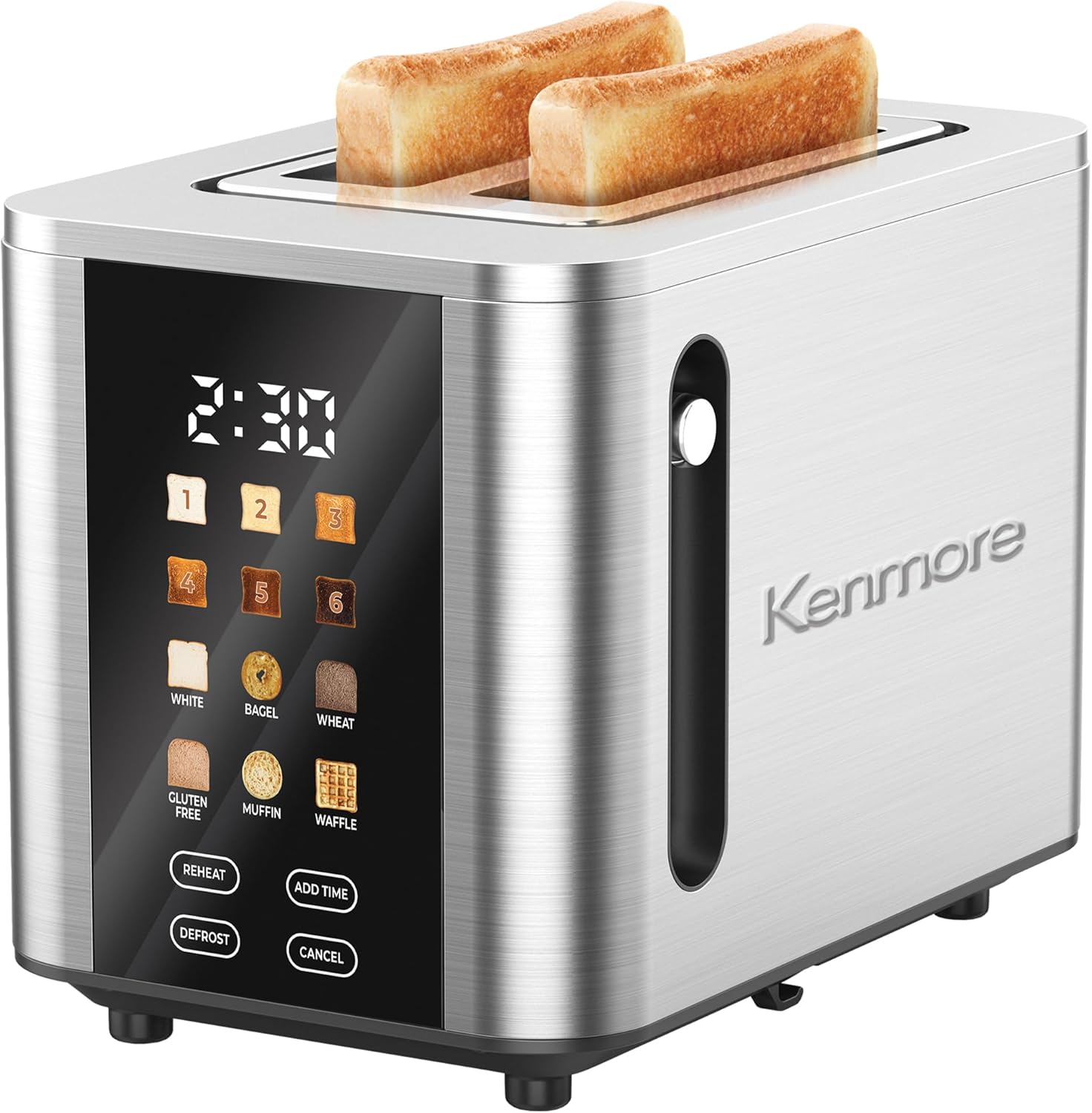 Kenmore 4-Slice Long Slot Toaster | Color Touch Screen & 6 Shade Settings | Extra Wide Slots | Digital Timer | Customizable Smart Presets | Reheat, Defrost, Add Time Functions | Stainless Steel