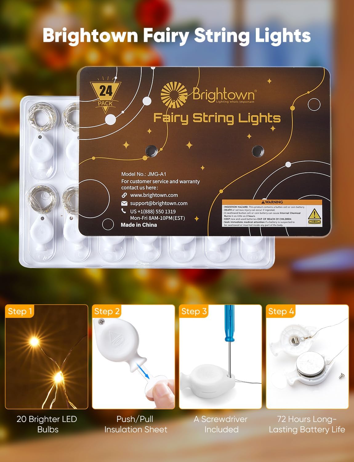 Brightown 24 Pack White LED Fairy Lights Battery Operated String Lights, 7ft 20LED Waterproof Silver Wire String Lights, Firefly Starry Moon Lights for Mason Jars DIY Christmas Wedding Party Bedroom