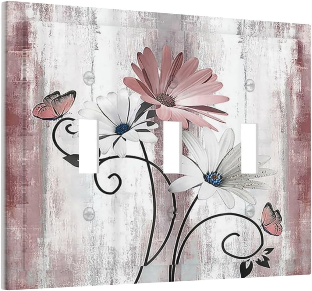Decorative Switch Plates Pink White Daisy Butterfly Wood Grain 3 Gang Wall Plate Triple Toggle Light Switch Cover Faceplate Electrical Wall Panels for Farmhouse Bathroom Decor