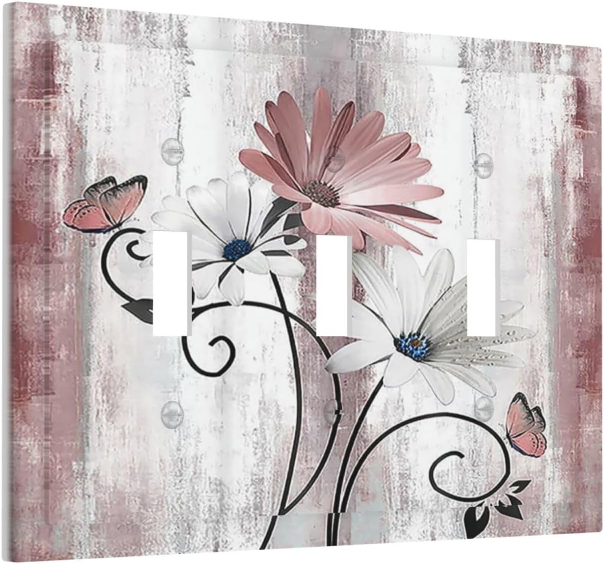 Decorative Switch Plates Pink White Daisy Butterfly Wood Grain 3 Gang Wall Plate Triple Toggle Light Switch Cover Faceplate Electrical Wall Panels for Farmhouse Bathroom Decor