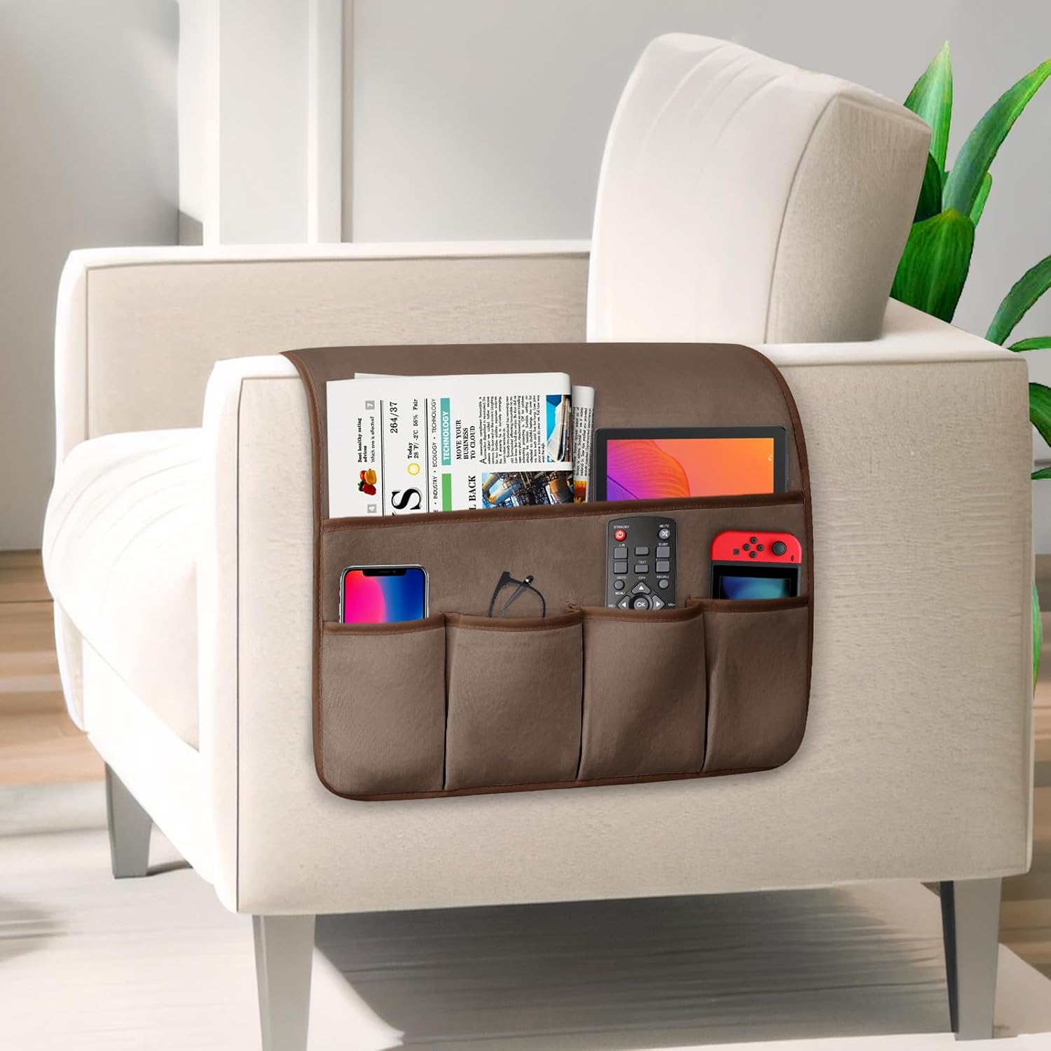 TV Remote Control Holder Couch Caddy, Non-slip Bedside Caddy Organizer with 5 Pockets for Key Glasses Phone Magazine Holders (Brown, 35''x18'')