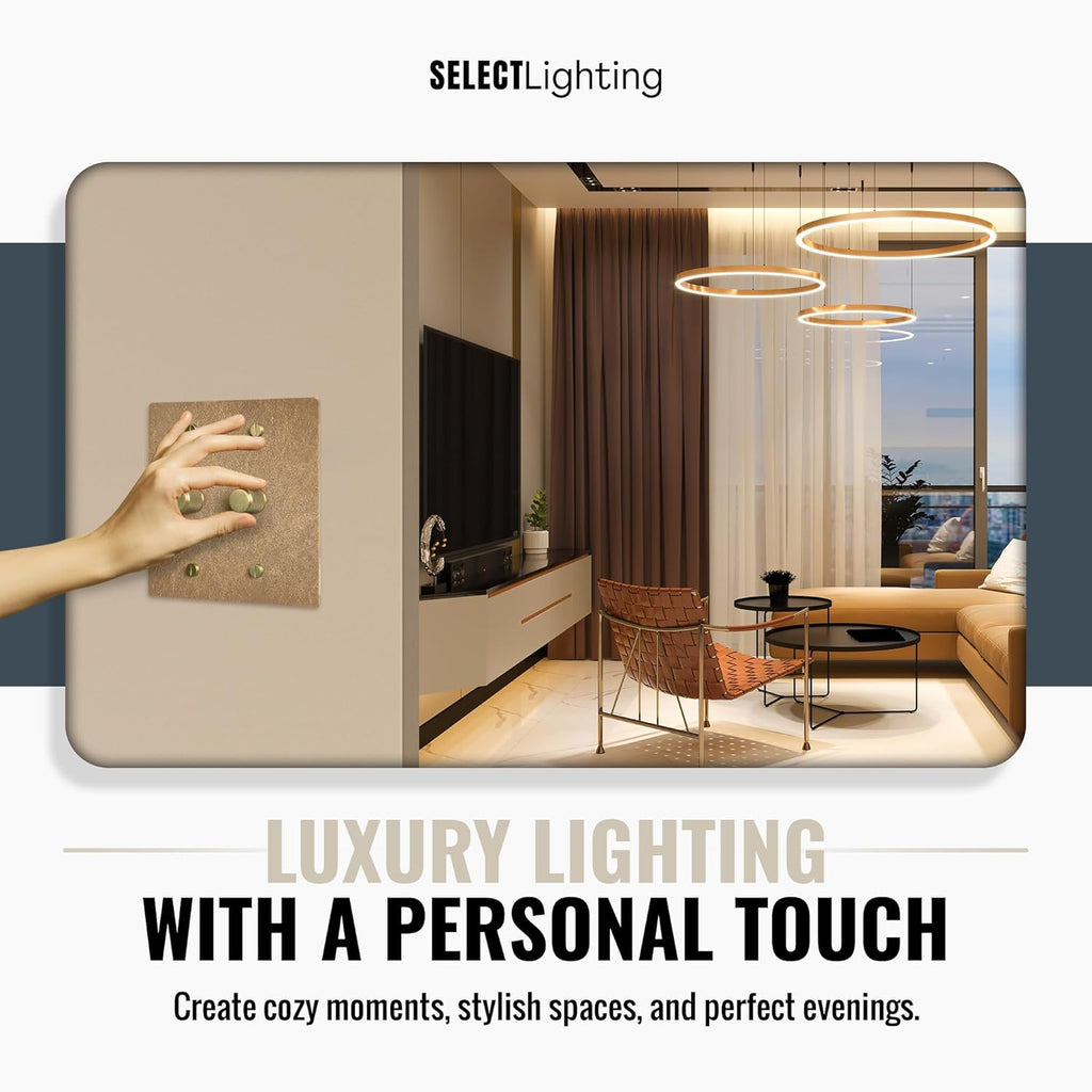 SELECT Vintage Brass Dimmer Light Switch, 1 Way Rotary Dimmer, 2 Gang TRIAC/Leading Edge Dimmable LED Light Switch, 15A 120V AC with Brass Knob, Faceplate & Dimming Module, UL Listed