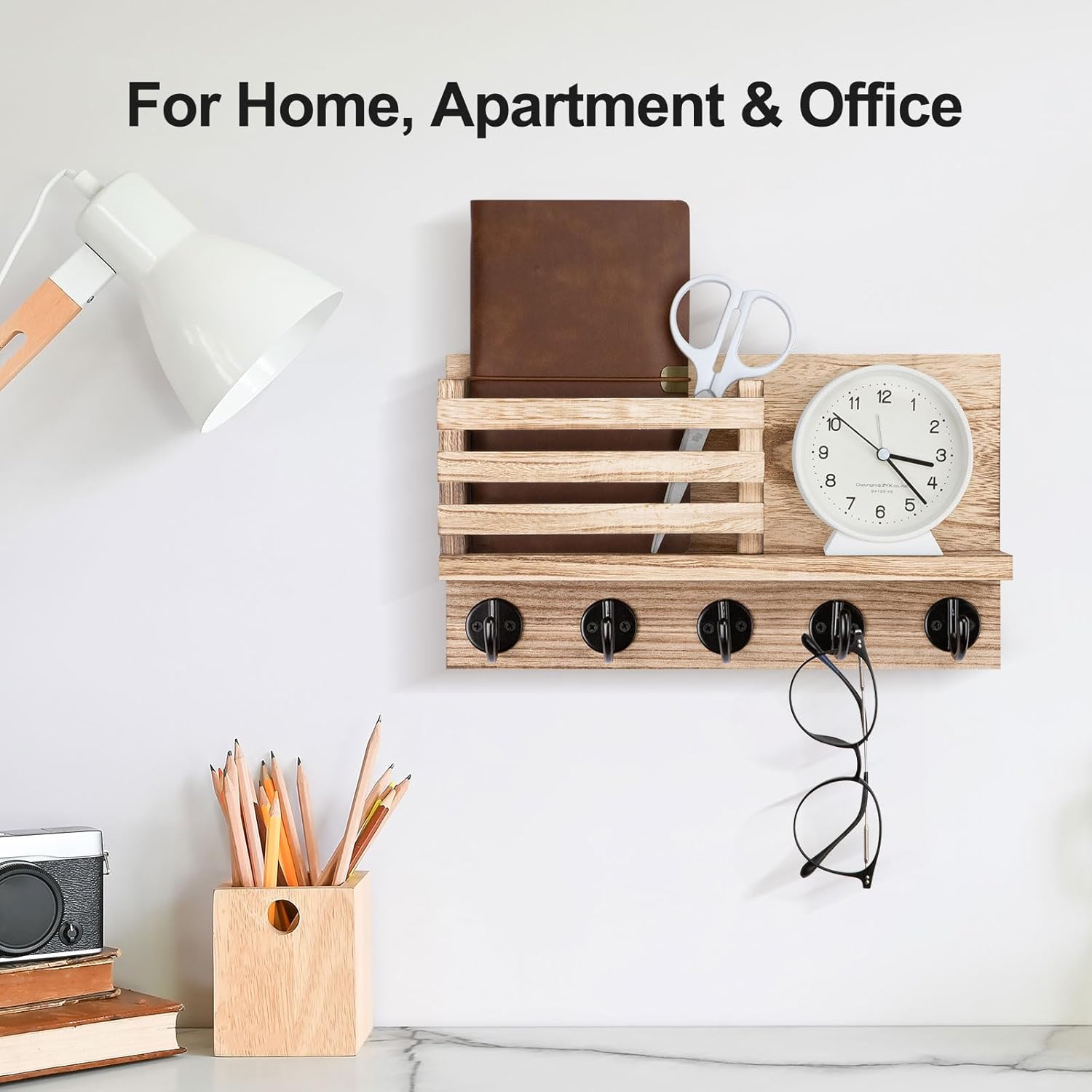 Key Holder for Wall – Decorative Wooden Mail Holder and Key Shelf with Mounting Hardware, Installation Guide – Paulownia Wood with 5 Metal Key Hooks (11.8” x 6.7” x 2.8”)