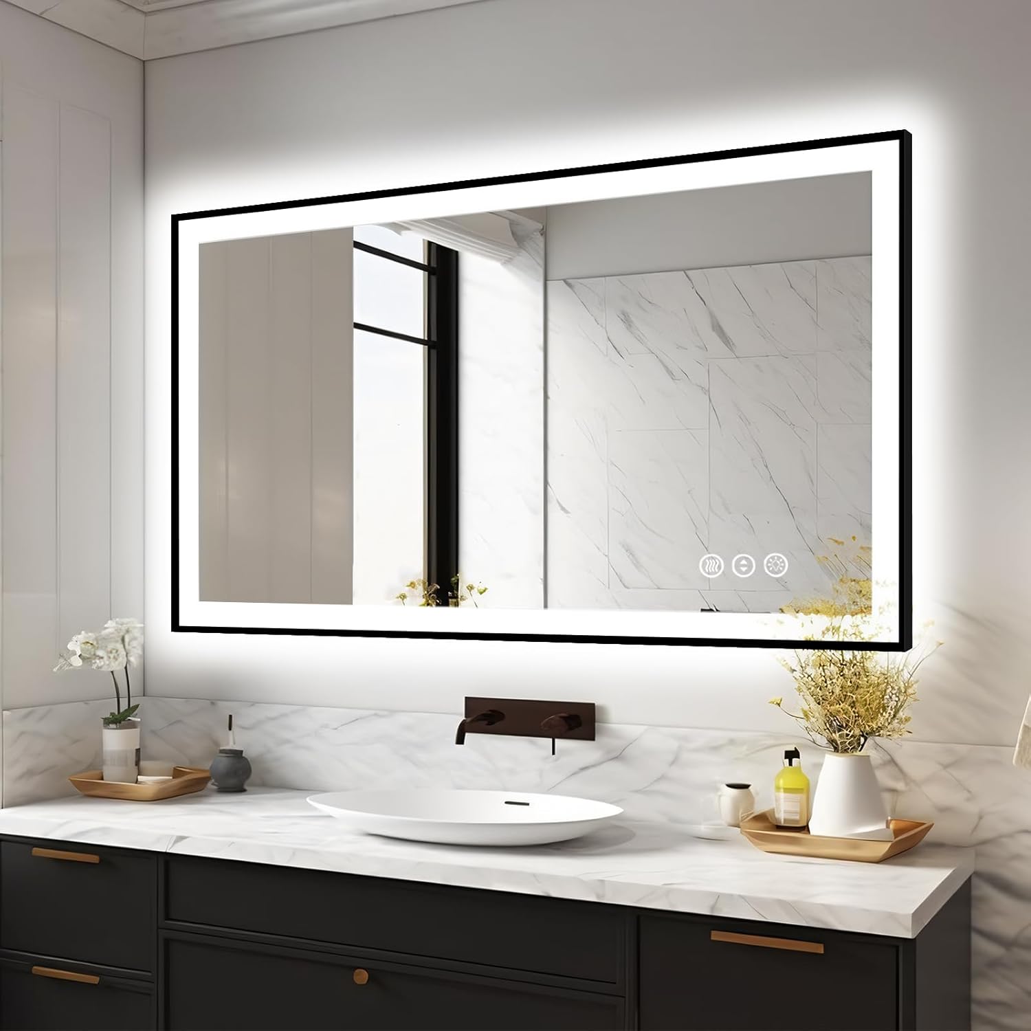 48x32 LED Bathroom Mirrors for Wall -Black Aluminum Framed (Front and Backlit), Anti-Fog Vanity Mirror With Lights,Stepless Dimmable Lighted Mirror,3 Colors Smart Mirror(Horizontal/Vertical)