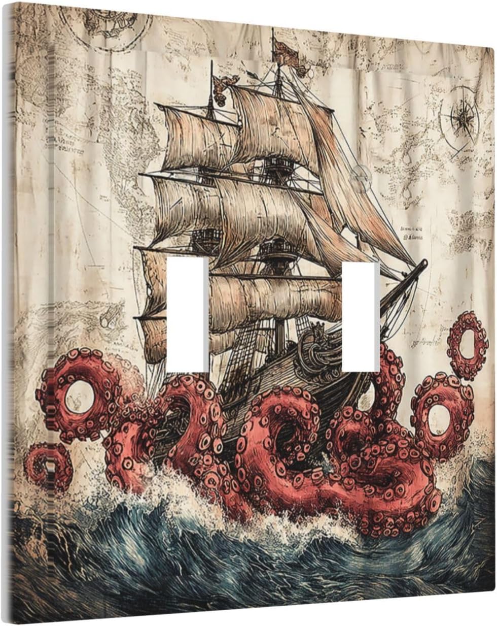 Decorative Switch Plates Vintage Octopus Ocean Sailboat Bizarre Adventure 2 Gang Double Toggle Wall Plate Outlet Light Switch Cover Electrical Faceplate for Bathroom Kids room Decor