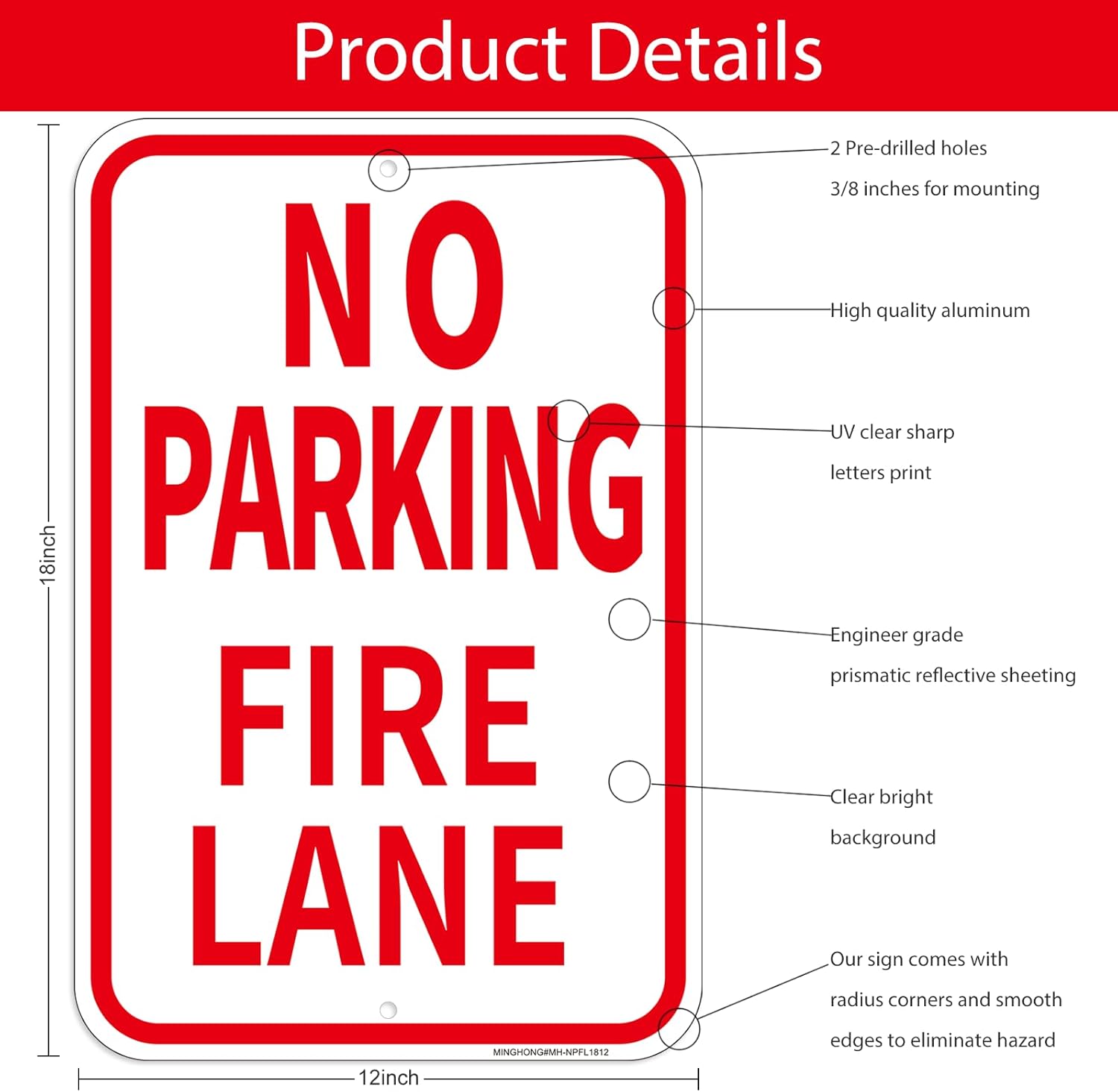 4 Pack Fire Lane No Parking Signs -12" x 18" Aluminum No Parking Fire Lane Sign for Business, With Reflective Overlay, Rust Free, Weather Resistant- Easy to install