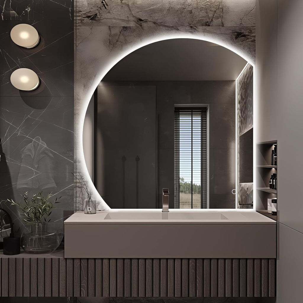 Niccy Half Moon LED Mirror for Bathroom, 32" Backlit + Front Lit Lighted Semi Round Makeup Mirrors for Wall, Anti-Fog, Dimmable 3-Colors, Memory Function, Shatterproof Smart Vanity Mirror
