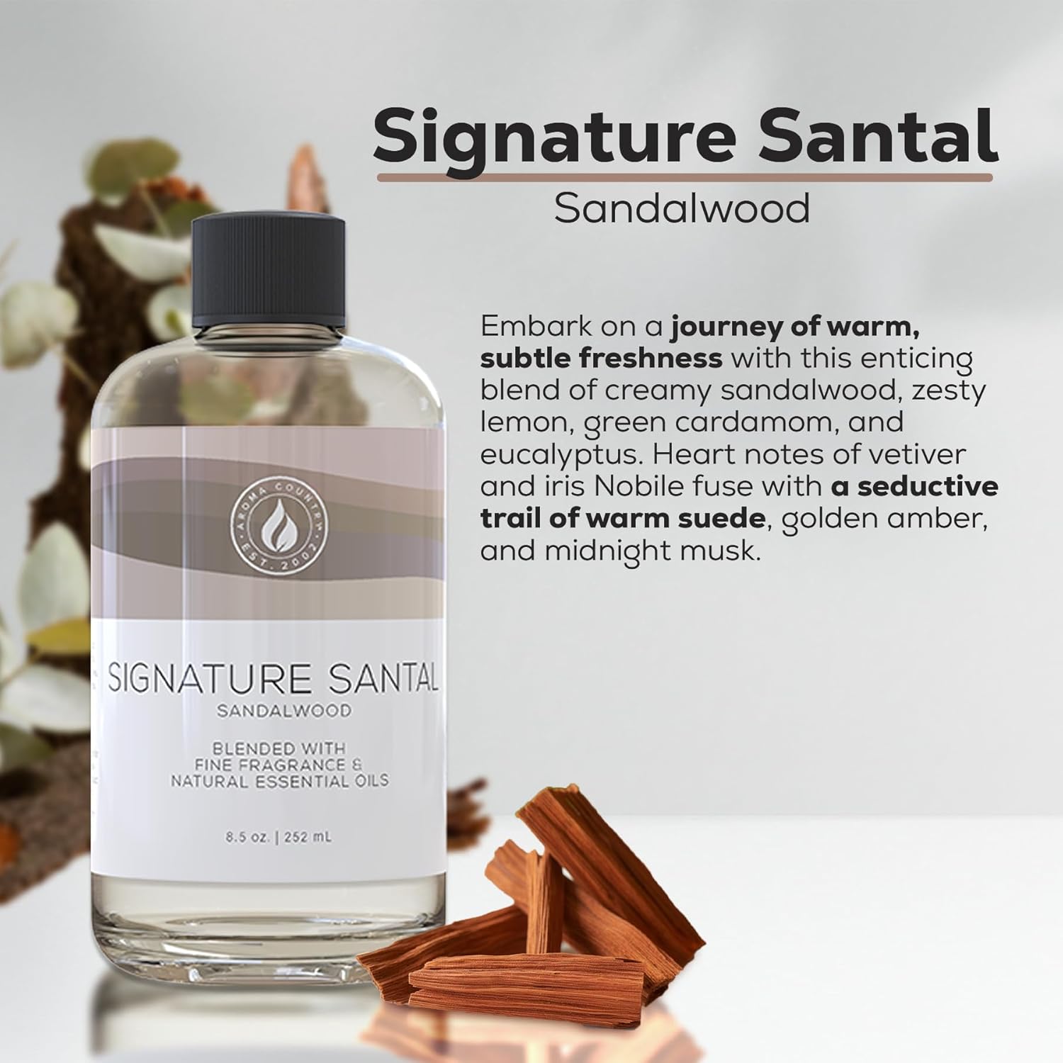 Aroma Country Signature Santal Diffuser Oil - Luxury Essential Oils for Diffuser Refill & Air Freshener Room Spray - Long-Lasting & Natural Home Fragrance, Sandalwood Scented Oil (8.5 Fl. oz)