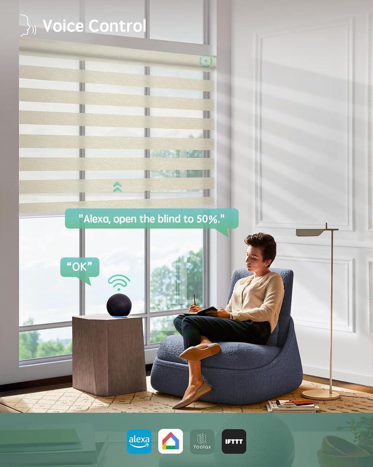 Yoolax Motorized Zebra Blinds Compatible With Alexa, Custom Size Electric Blinds With Remote, Privacy Window Shades (Beige)