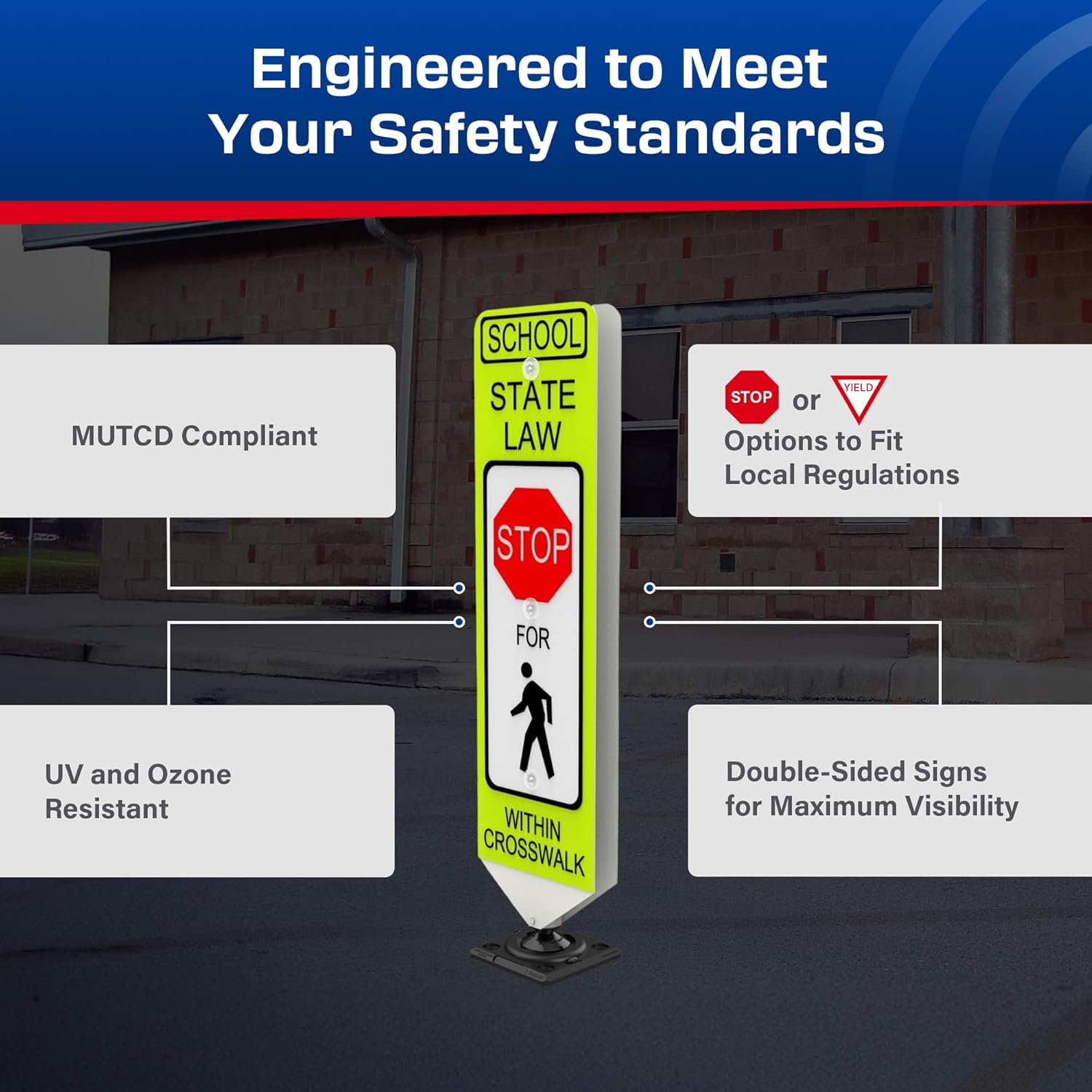 Impact Recovery - In-Street Pedestrian Crossing Signs - Street Sign - Road Sign - Pedestrian Safety Signs - School Stop with Surface Mount Base
