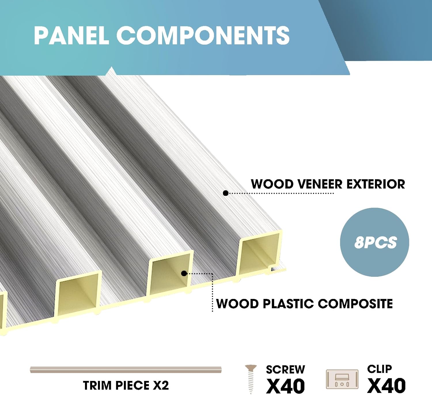 OUZUGIE WPC Acoustic Slat Wall Paneling, 8-Pack 114 x 6 Inches 3D Wall Panels for Interior Wall Decor,Living Room,TV Background,Study Room,Office Spaces,Bedroom,High Grille (Metallic Silver)