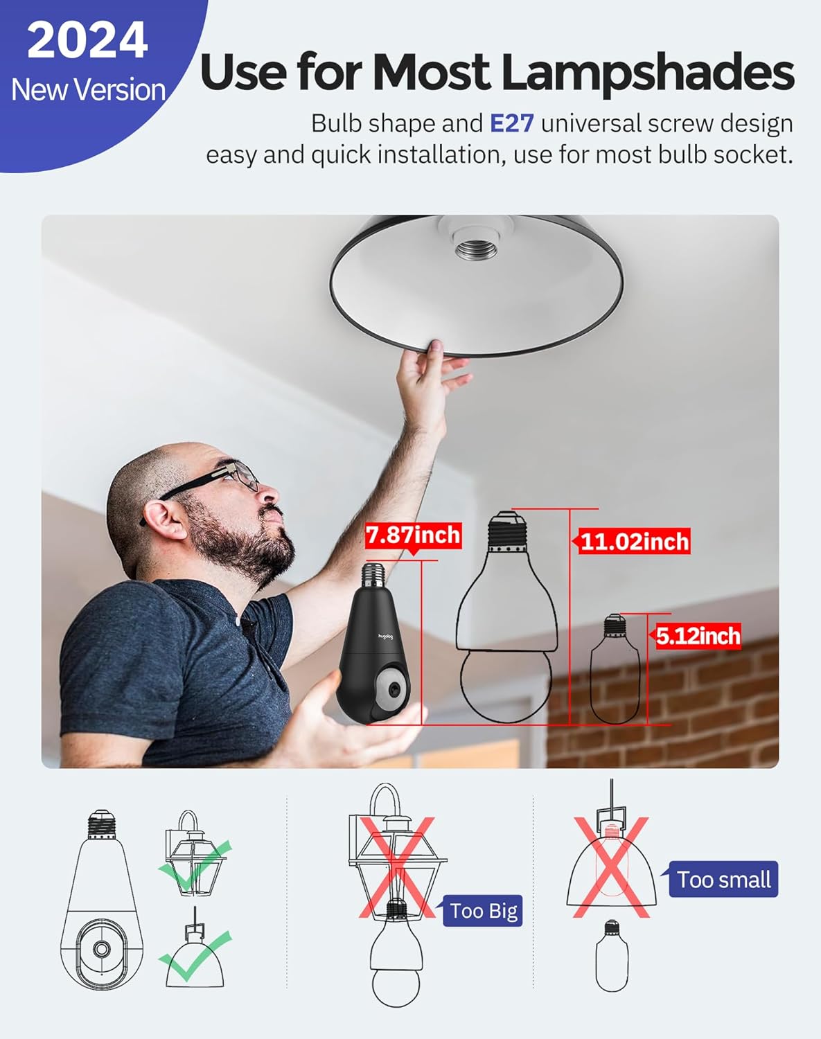 Hugolog 2K 3MP Light Bulb Security Camera 5G& 2.4GHz WiFi, 360° Wireless Outdoor Indoor Camera for Home, Motion Detection, Two-Way Talk, Color Night Vision, Siren Alarm, Compatible with Alexa(2 Pack)
