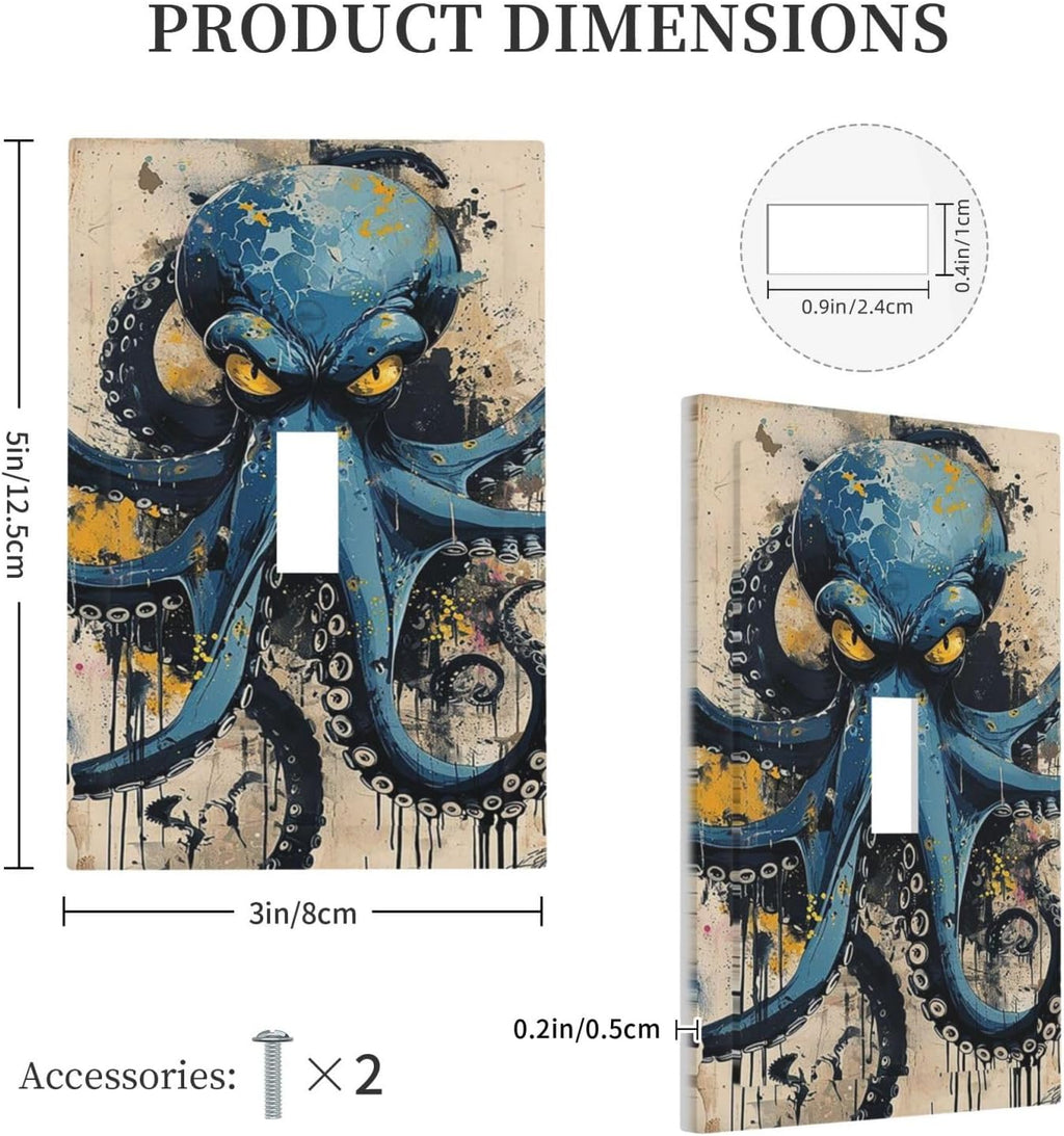 Decorative Light Switch Cover Nautical Vintage Blue Octopus Yellow Eyes Oil Watercolor 1 Gang Single Toggle Device Electrical Faceplate Switchplates Decorator Outlet Wall Plate for Kids room