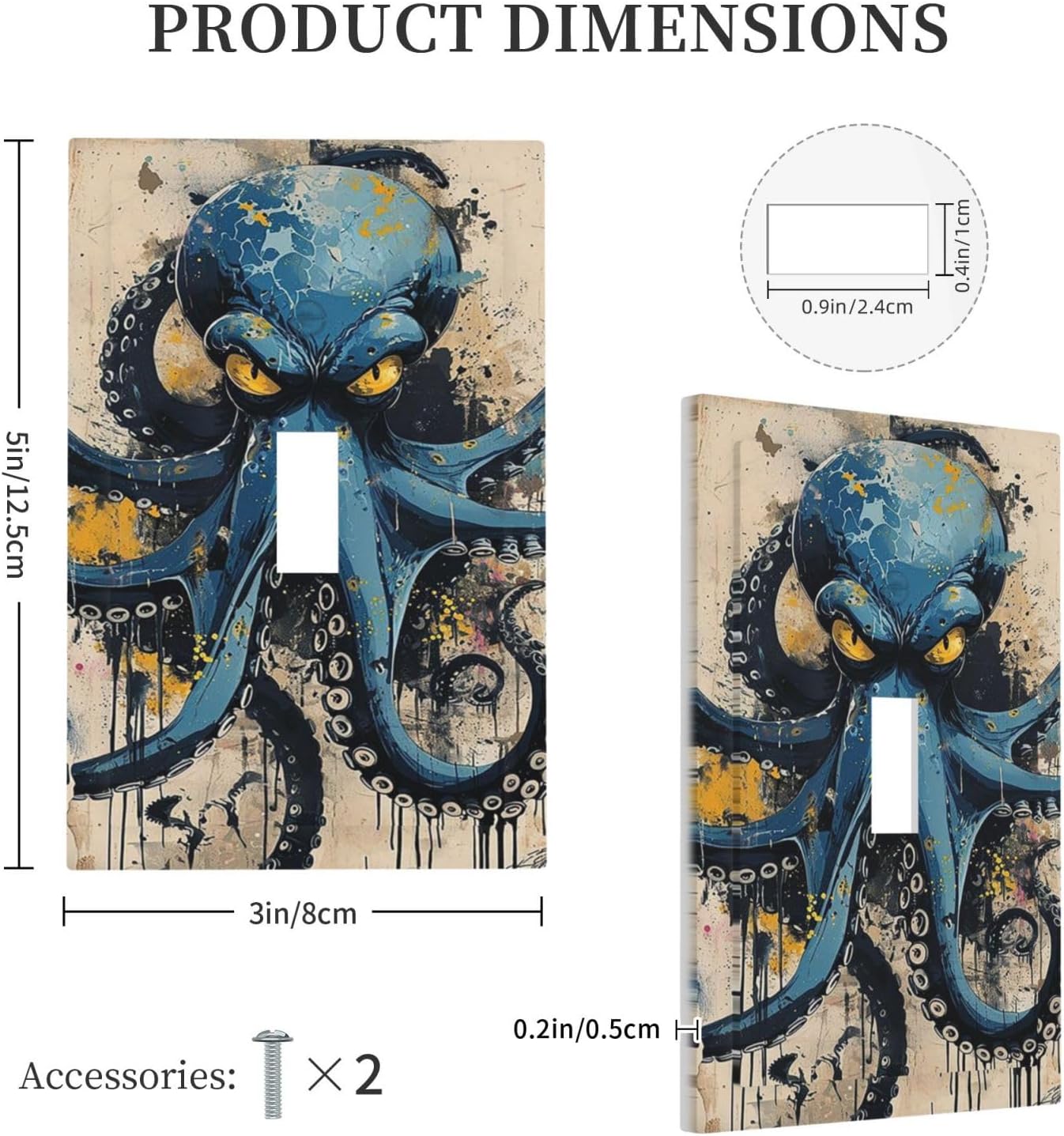 Decorative Light Switch Cover Nautical Vintage Blue Octopus Yellow Eyes Oil Watercolor 1 Gang Single Toggle Device Electrical Faceplate Switchplates Decorator Outlet Wall Plate for Kids room