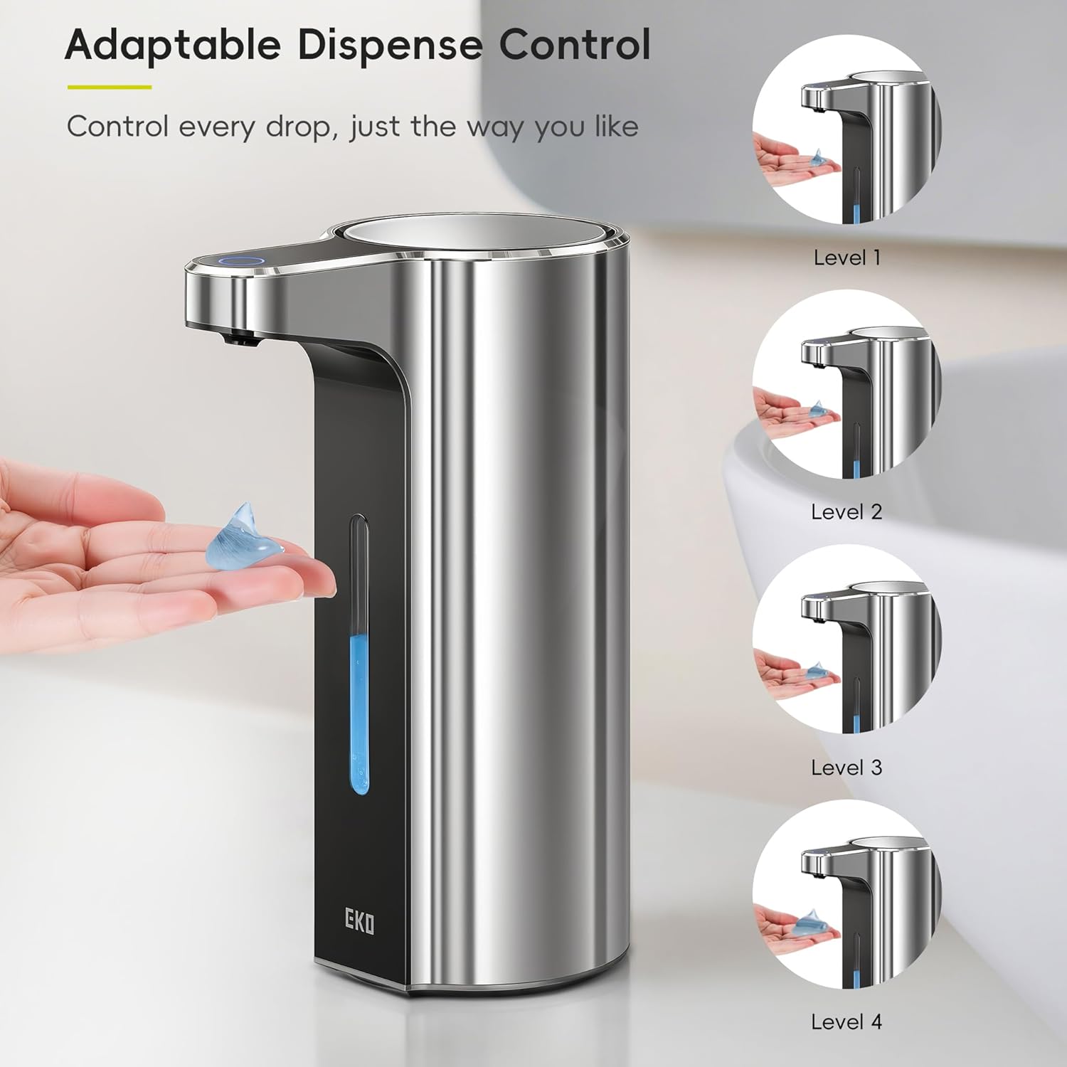 EKO Aroma Pro 13.5 fl oz Touchless Automatic Liquid Soap Dispenser, Rechargeable Hand & Dish Soap Dispenser for Bathroom and Kitchen, Waterproof, Adjustable Volume Control (Chrome Metallic)