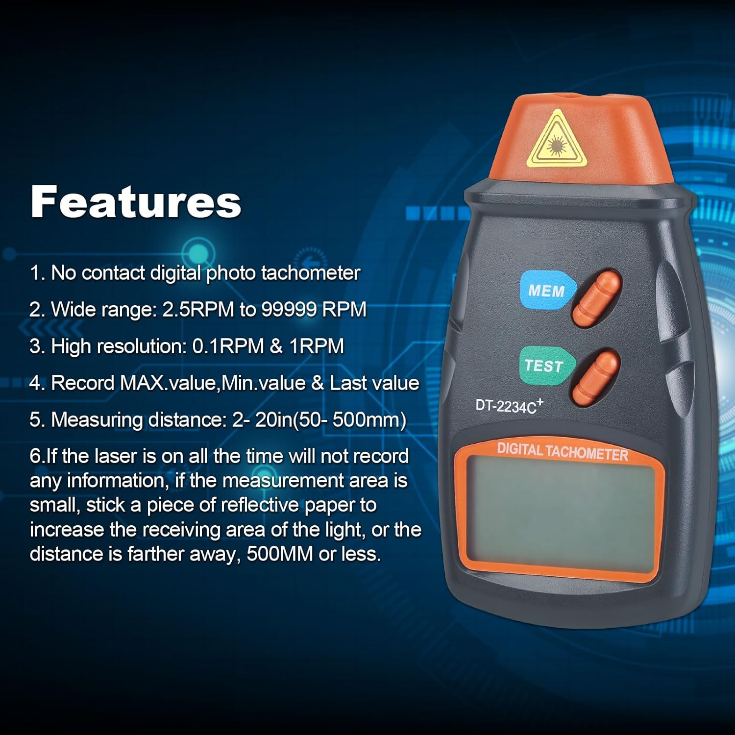 FITNATE Digital Laser Photo Tachometer Non Contact RPM Tach, Noncontact Laser Photo Sensor with 2.5RPM to 99999 RPM