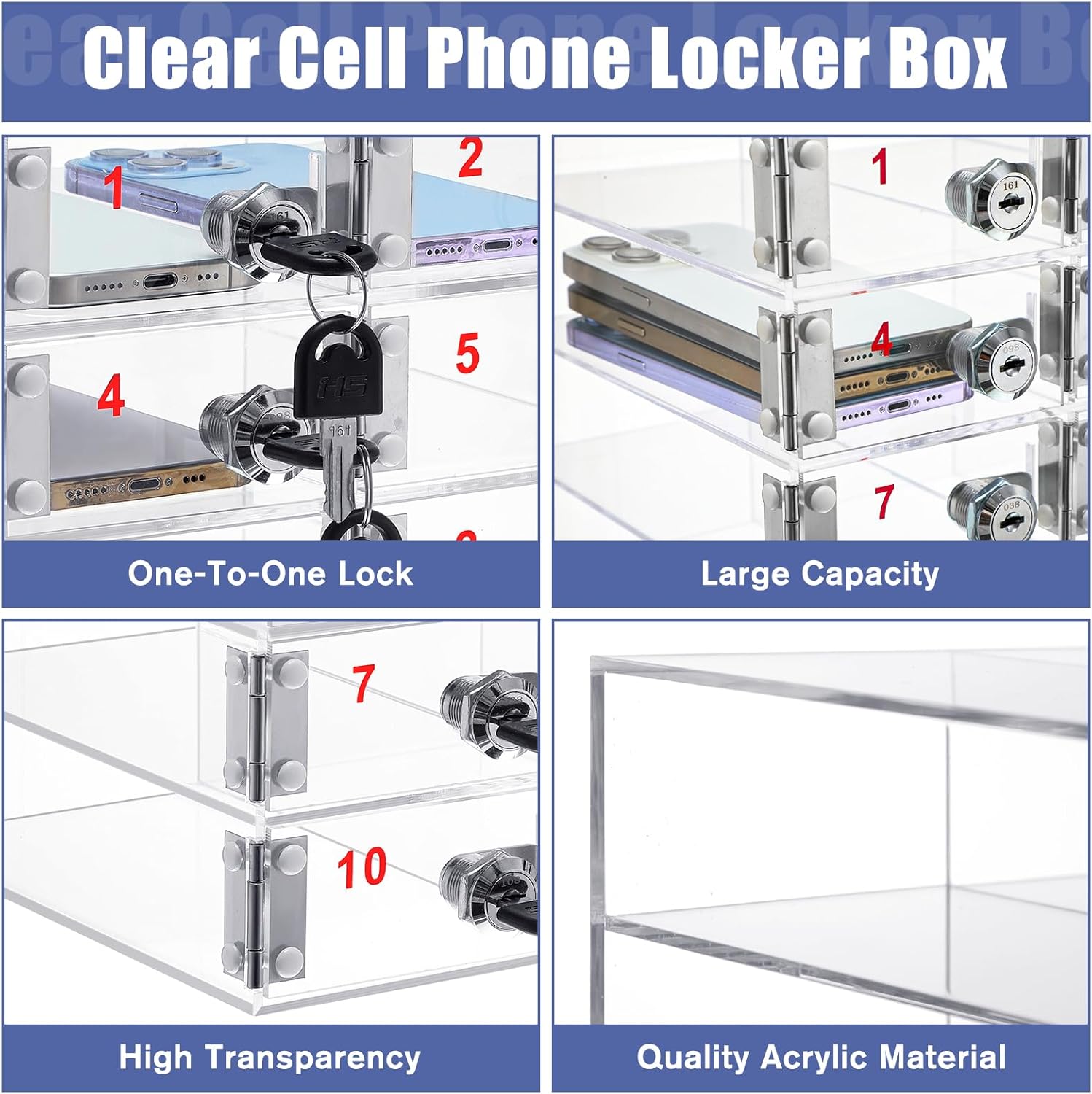 Layhit 12 Slots Cell Phone Locker Box for Classroom Clear Acrylic Cell Phone Storage Cabinet Bin with Door Locks for Classroom School Students Office Factory Employees