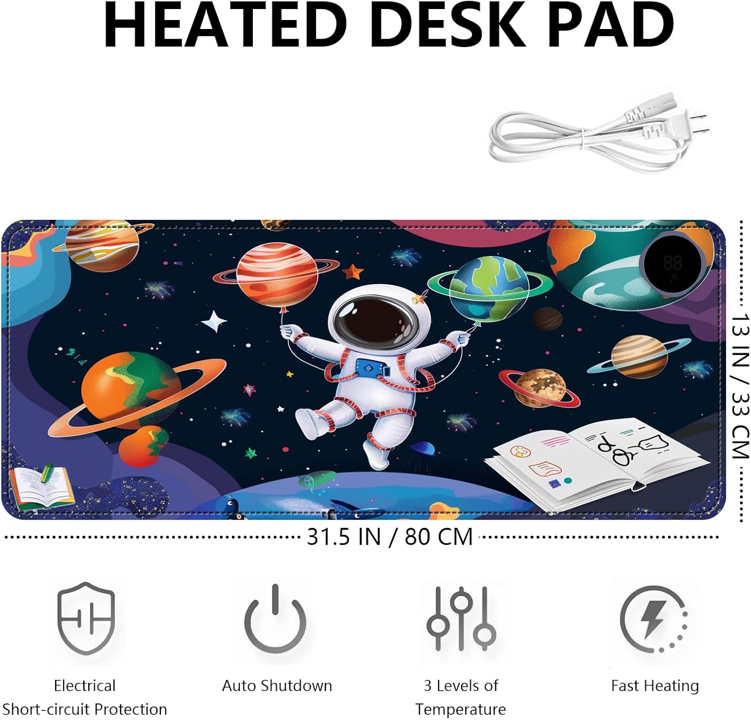 Heated Mouse Pad with 3 Levels Heated & 3 Hours Auto Shut-Off Mouse Pad for Warming Hands in Office Home, 31.5" x 13"Large Safe Desk Mat Hand Warmer，Cute Astronaut