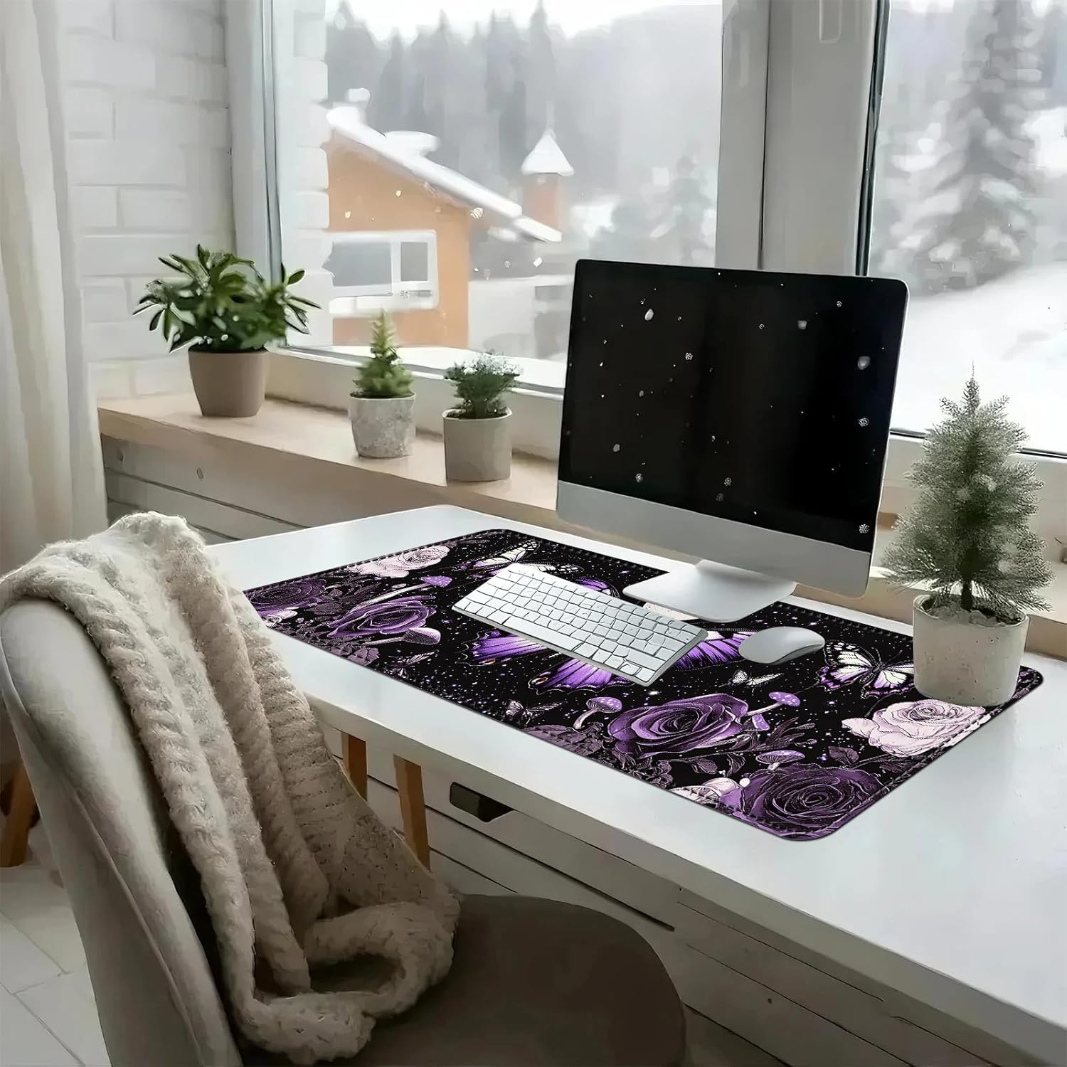 Heated Mouse Pad with 3 Temperature Settings(104°F–122°F),Large 31.5x13 Inch PU Leather Heated Desk Mat,Waterproof Warming Pad for Office,Gaming & Cold Hands Relief,Purple Butterfly Flower