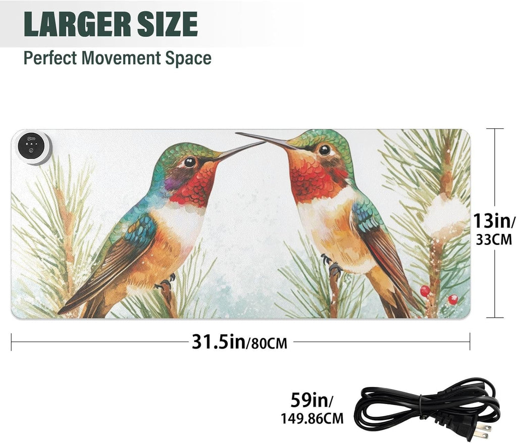 Heated Desk Pad Mouse Pad 31.5x13 Inch PU Leather Desk Mat with 3 Heat Levels Large Mouse Gaming Computer Laptop Mat Cartoon Hummingbirds and Pine Tree