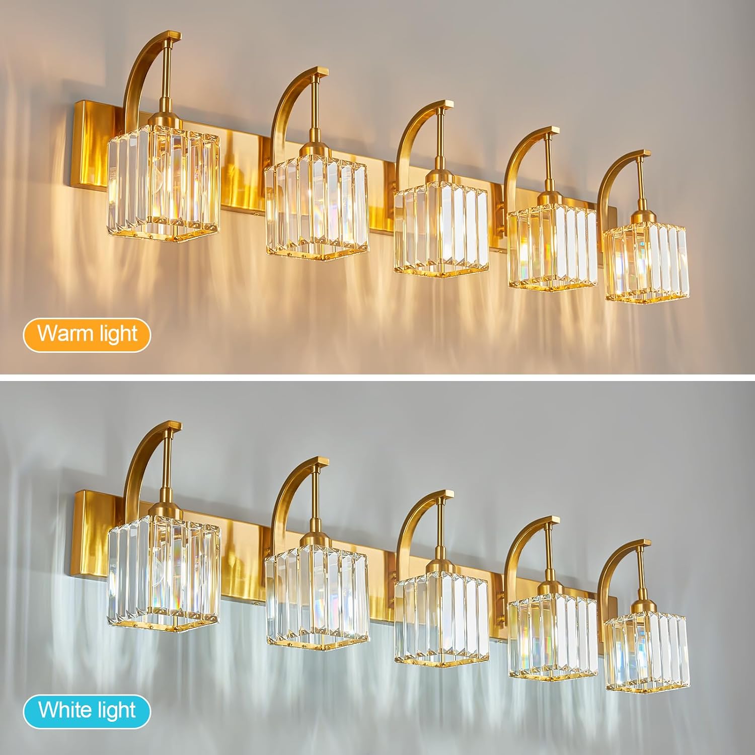 5-Light Crystal Vanity Light, Modern Gold Bathroom Wall Sconce with K9 Crystal Shades, 42.51" Long Over Mirror Lighting for Vanity, Makeup, Hallway, Elegant & Easy Installation