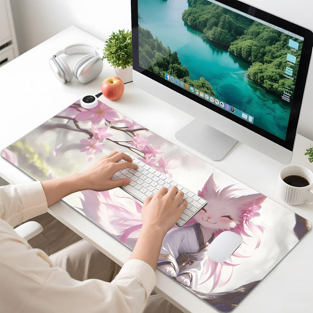 Large Heated Mouse Pad,Leather Desk Mat,31.5"x13",Hand Warmer Pads for Desk,Kitty(White Pink)