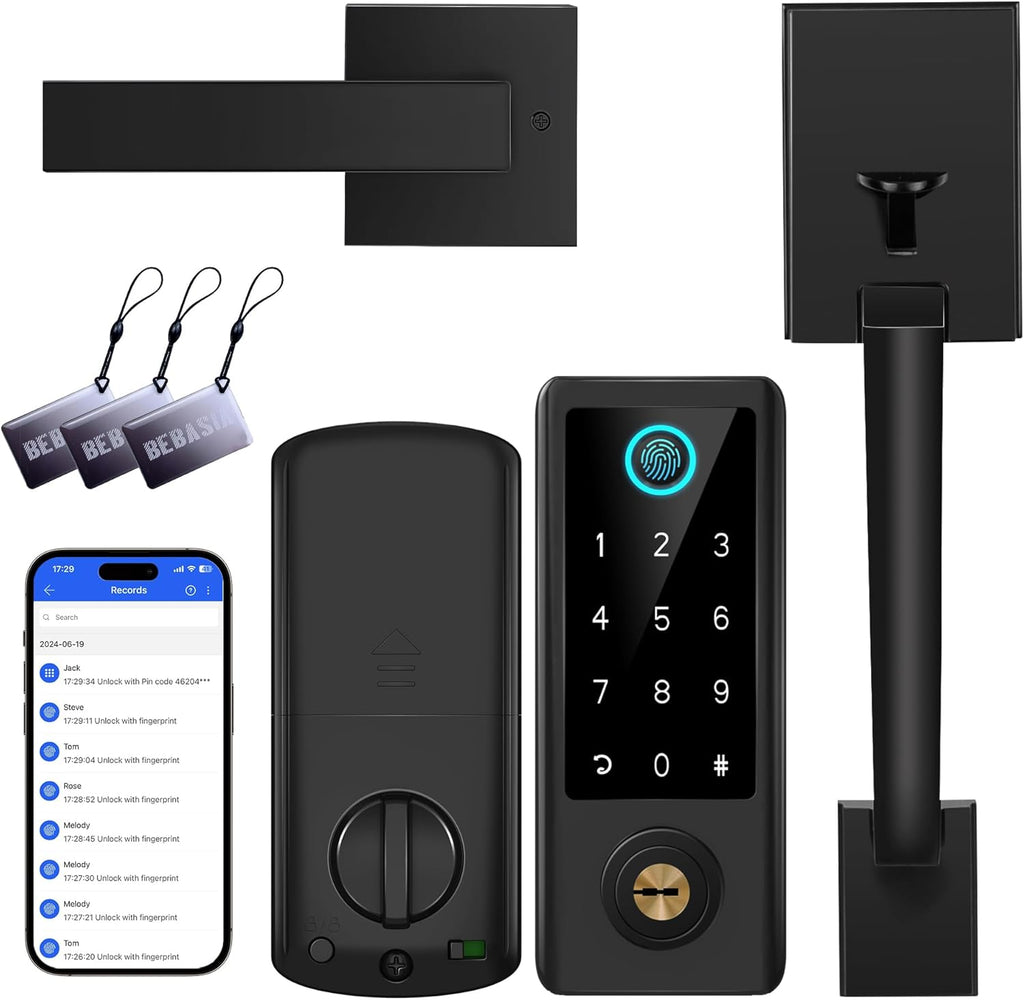 Fingerprint Door Lock with Handle Sets, BEBASIA Keyless Entry Door Lock, Bluetooth Front Handle Set, Smart Deadbolt, Electronic Keypad Digital Lock with Handle, Black