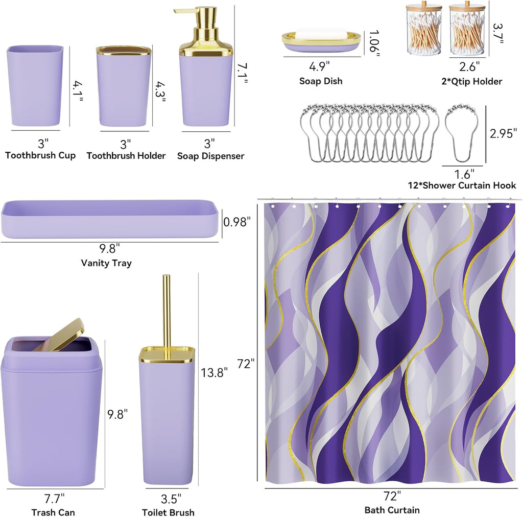 Purple Bathroom Accessories, Bathroom Sets with Stripe Shower Curtain, Purple and Gold Bathroom Accessories Set with Trash Can, Soap Dispenser, Soap Dish, Qtip Holders for Bathroom