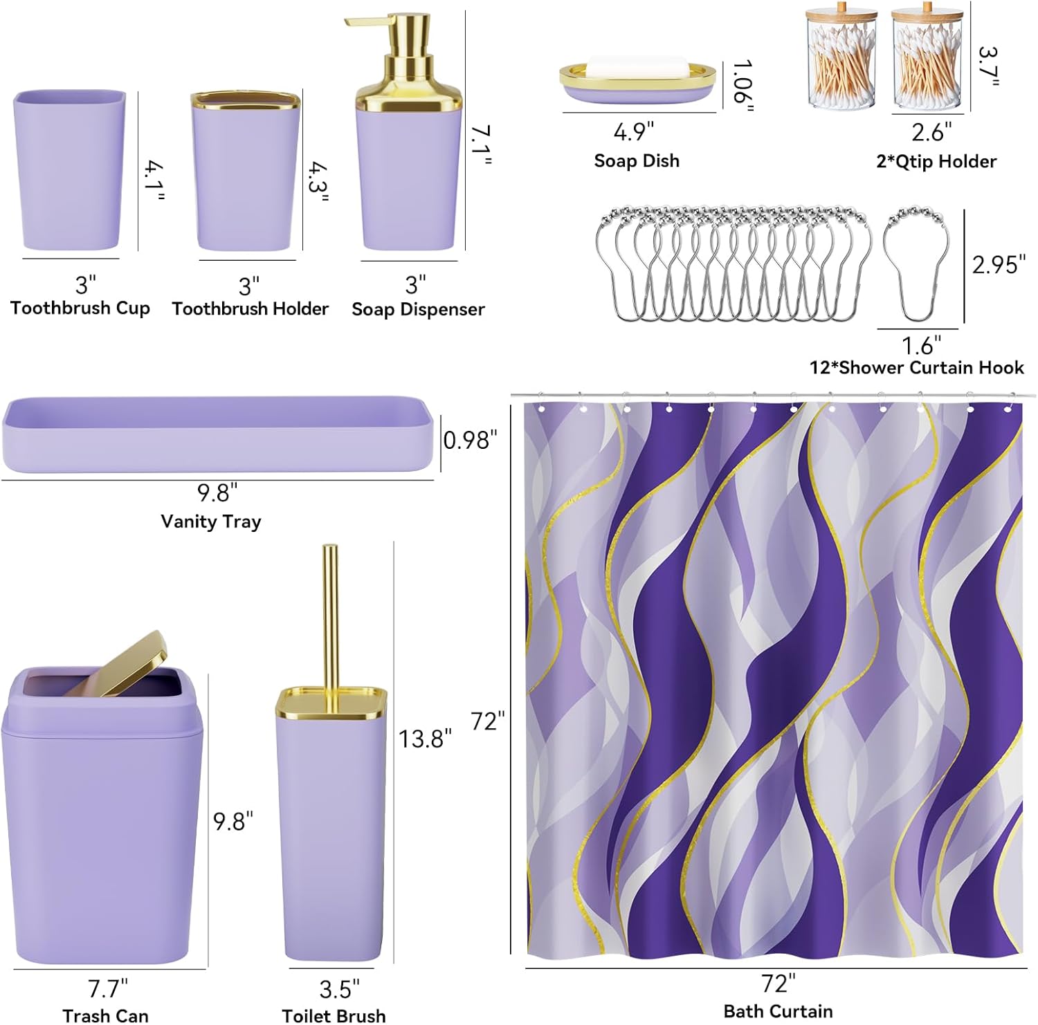 Purple Bathroom Accessories, Bathroom Sets with Stripe Shower Curtain, Purple and Gold Bathroom Accessories Set with Trash Can, Soap Dispenser, Soap Dish, Qtip Holders for Bathroom