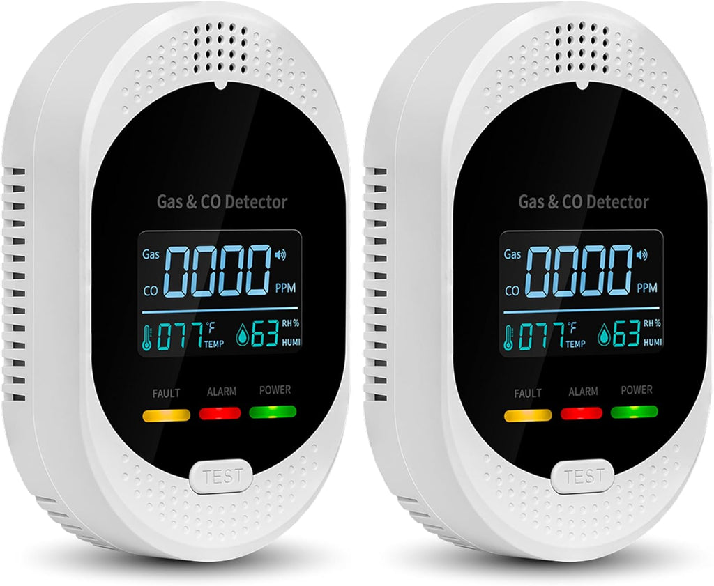 2PCS 4-in-1 Carbon Monoxide & Natural Gas Detectors with Temperature/Humidity LCD Display, Plug in Co Leak Detector Propane Monitor for Home Travel RV Essentials, Sound Alarm Over 85dB