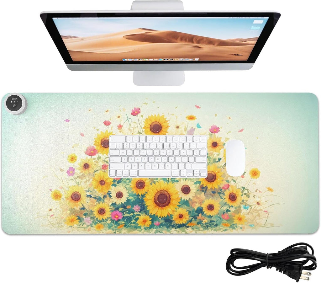 Large Heated Mouse Pad,Leather Desk Mat,31.5"x13",Hand Warmer Pads for Desk,Sunflower(Yellow)