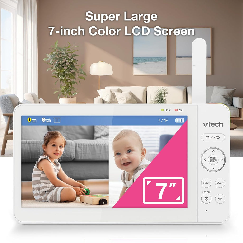 VTech 2-Cameras Video Baby Monitor with 7" Color LCD Screen, Rechargeable Battery, Video and Audio Streaming, Pan-Tilt-Zoom, Touch Multi-Color Night Light, Two-Way Talk: Advanced Max Twin (Tan)