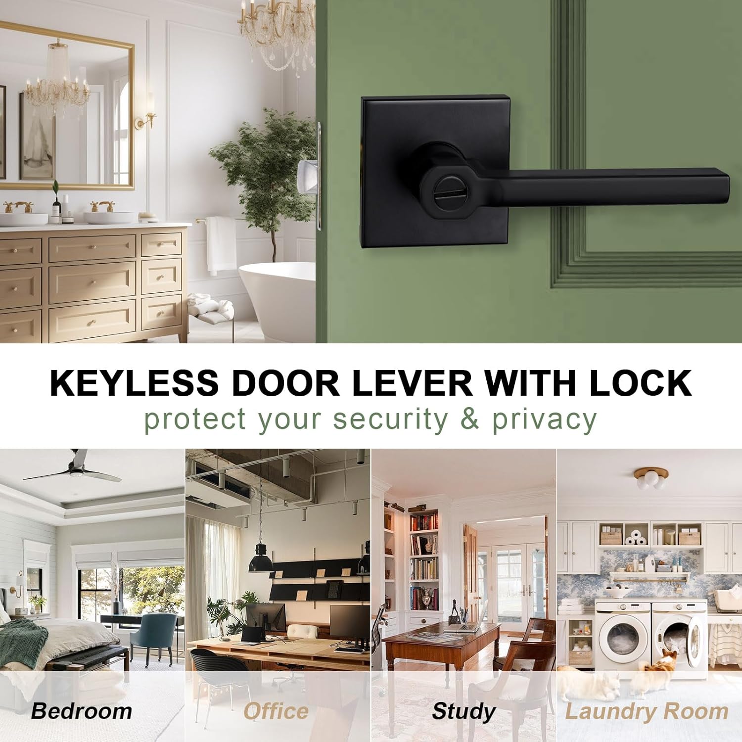 Privacy Door Lever, Heavy Duty Bathroom Bedroom Handle Lock, Keyless Interior Knobs, Matte Black, Reversible for Right&Left Handed, 6Packs
