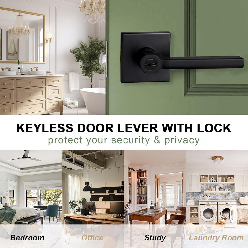 Privacy Door Lever, Heavy Duty Bathroom Bedroom Handle Lock, Keyless Interior Knobs, Matte Black, Reversible for Right&Left Handed, 15Packs